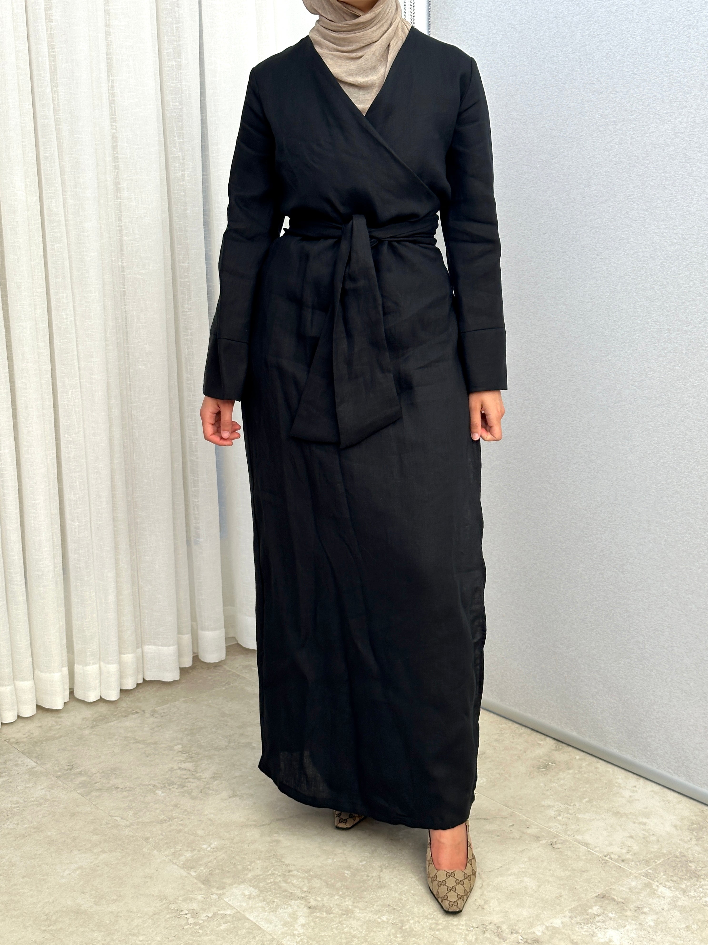 women's maxi full length kimono wrap dress with long sleeves made from linen fabric, lightweight, modest and breathable