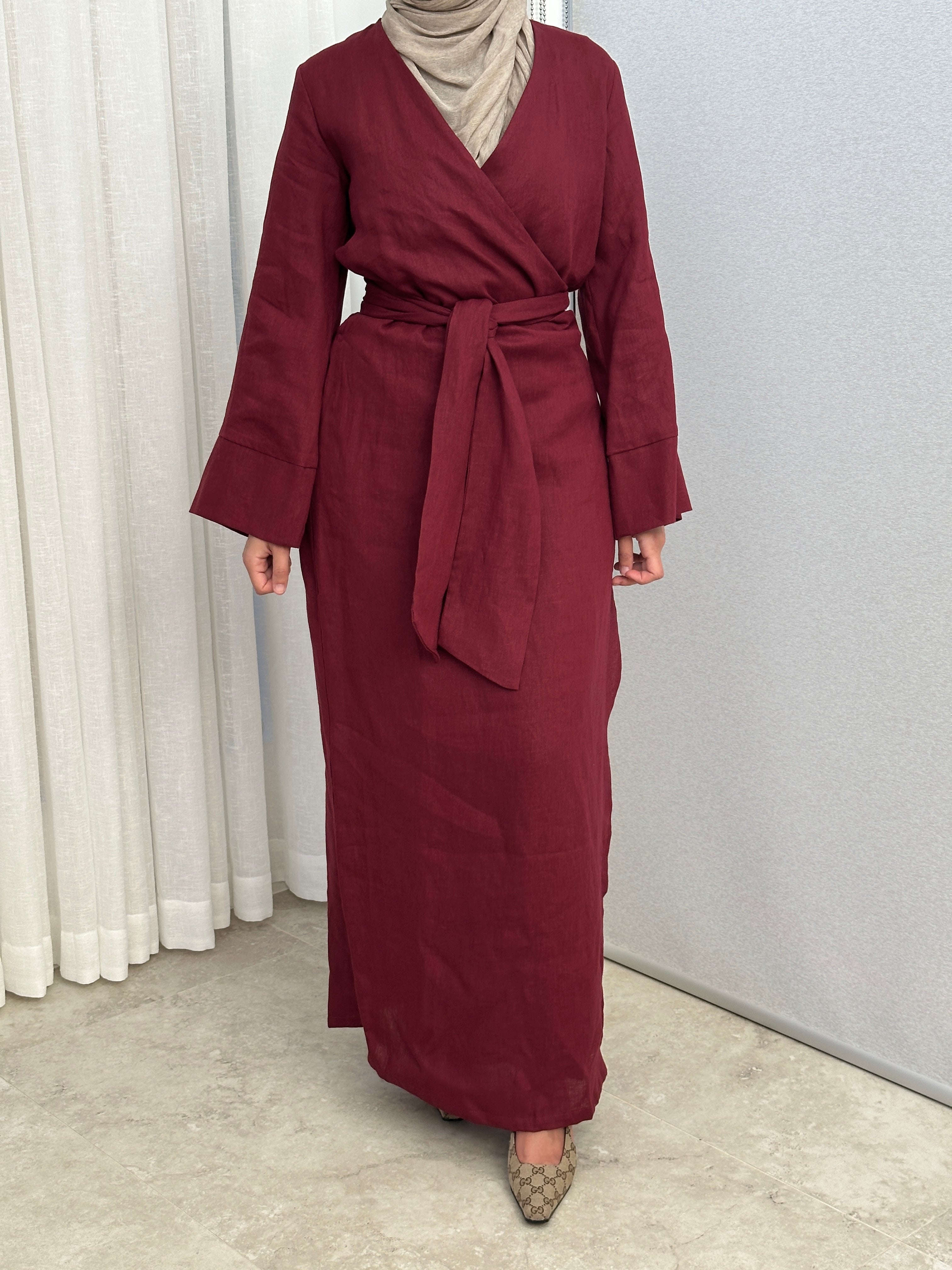 women's maxi full length kimono wrap dress with long sleeves made from linen fabric, lightweight, modest and breathable