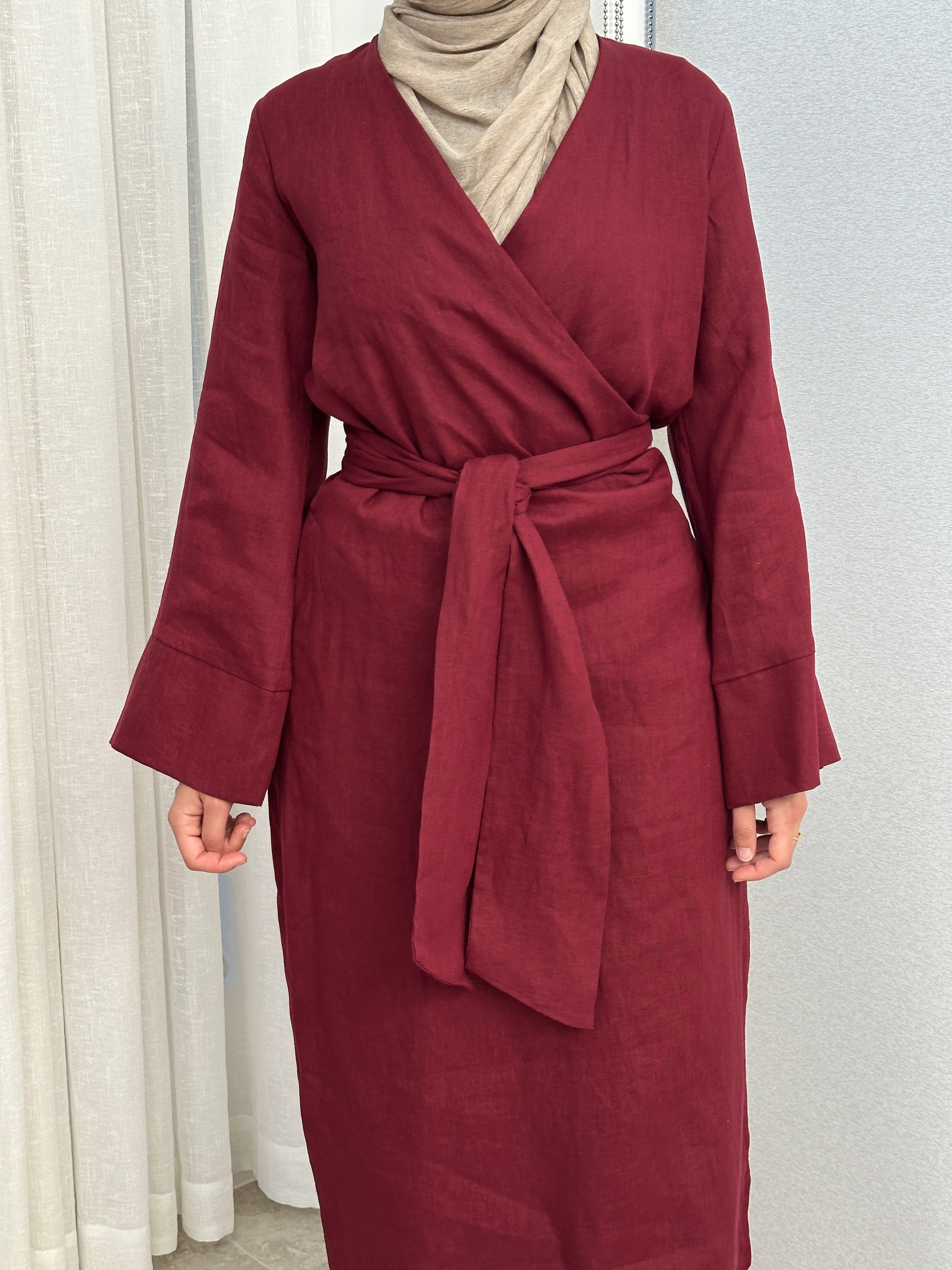 women's maxi full length kimono wrap dress with long sleeves made from linen fabric, lightweight, modest and breathable