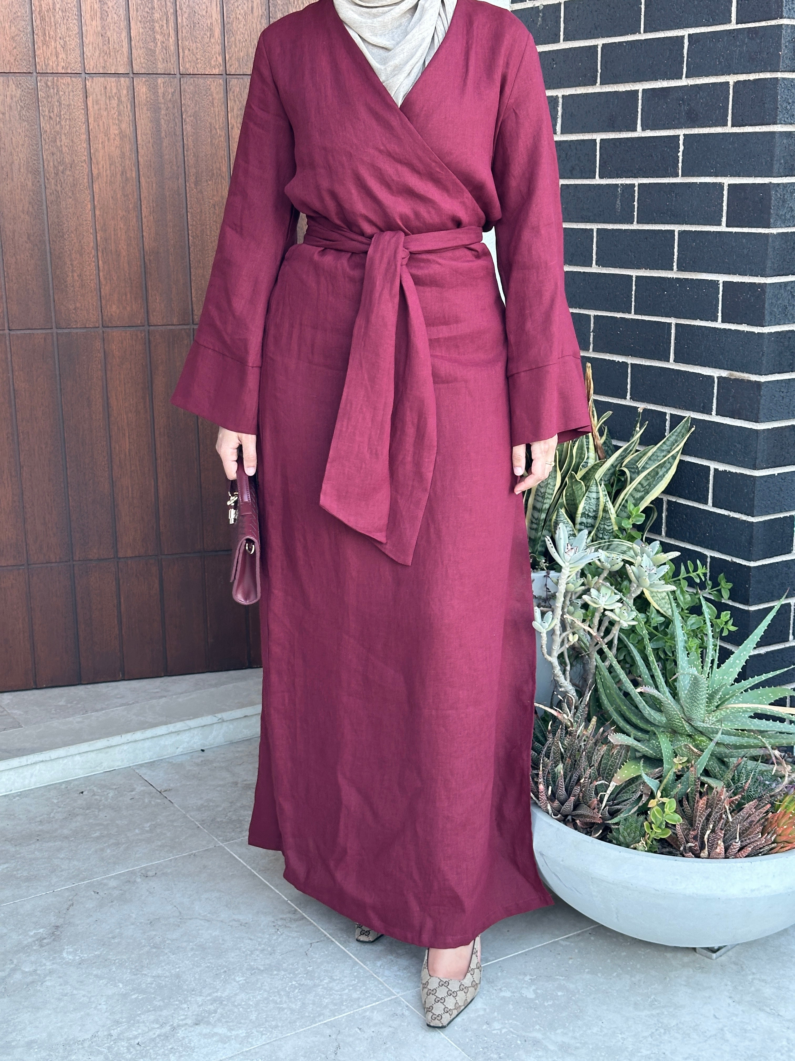 women's maxi full length kimono wrap dress with long sleeves made from linen fabric, lightweight, modest and breathable