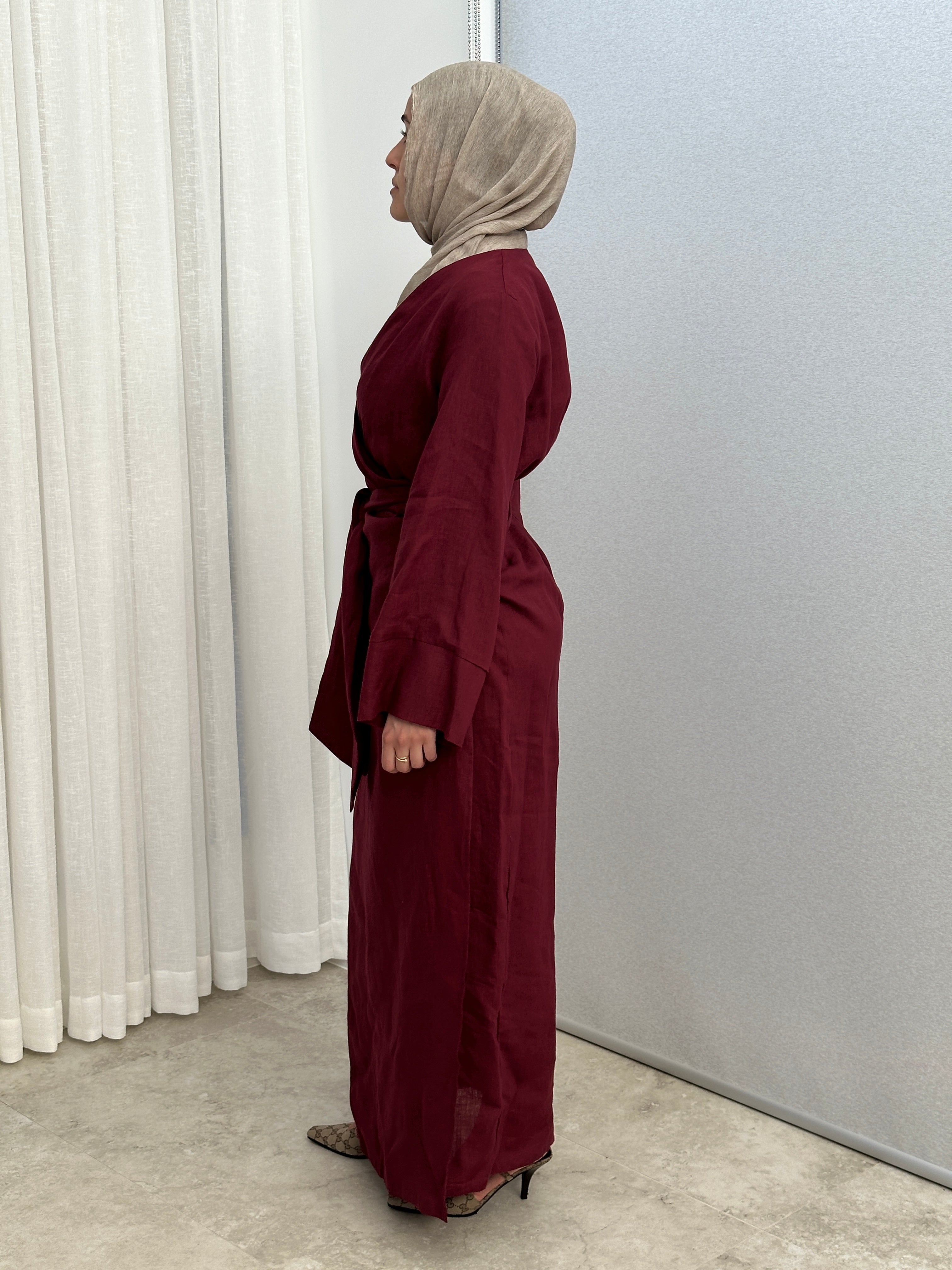 women's maxi full length kimono wrap dress with long sleeves made from linen fabric, lightweight, modest and breathable