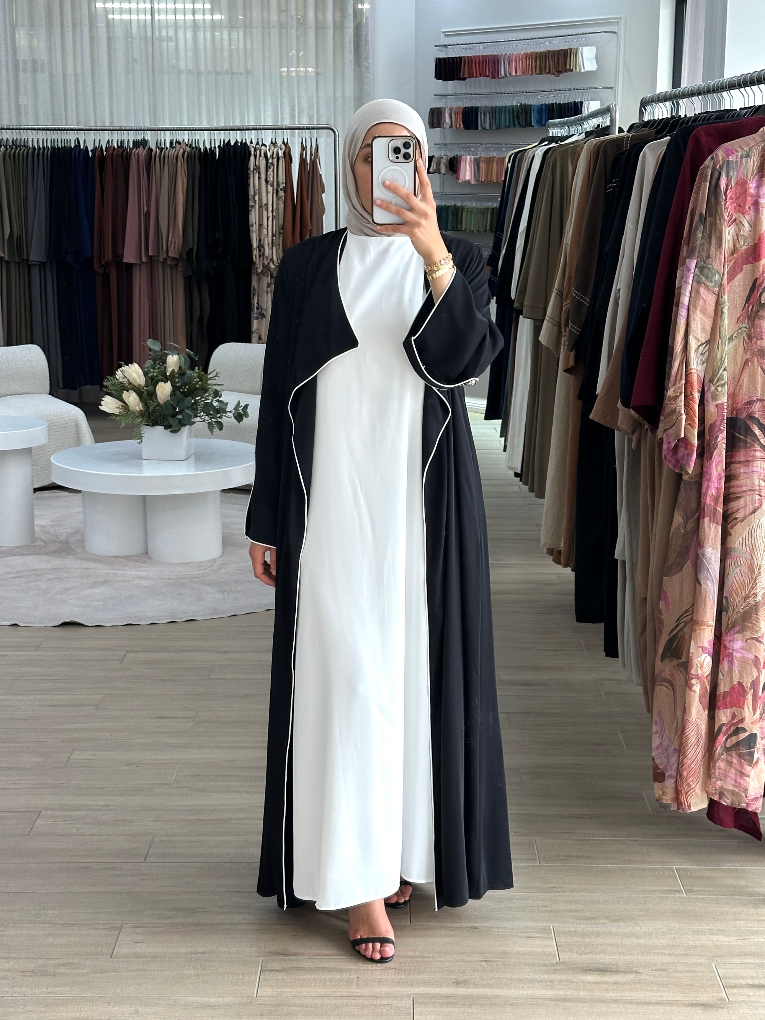 women's 2 piece set incudes full length dress and maxi open abaya, lightweight and breathable for spring/summer modest fashion with full coverage, hijabi friendly.
