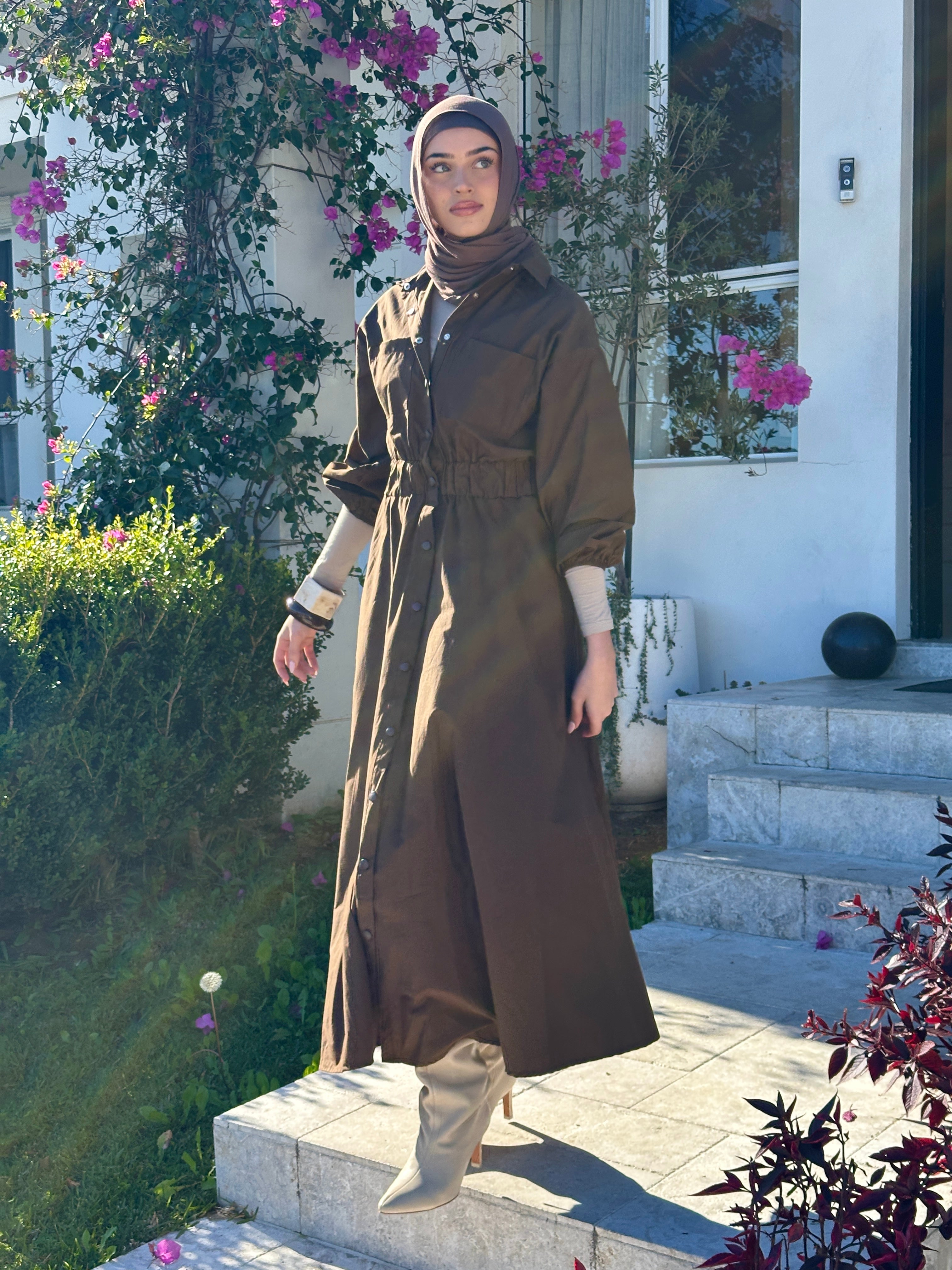 Veil of Faith Nomad Dress — neutral modest maxi dress with flowy silhouette
