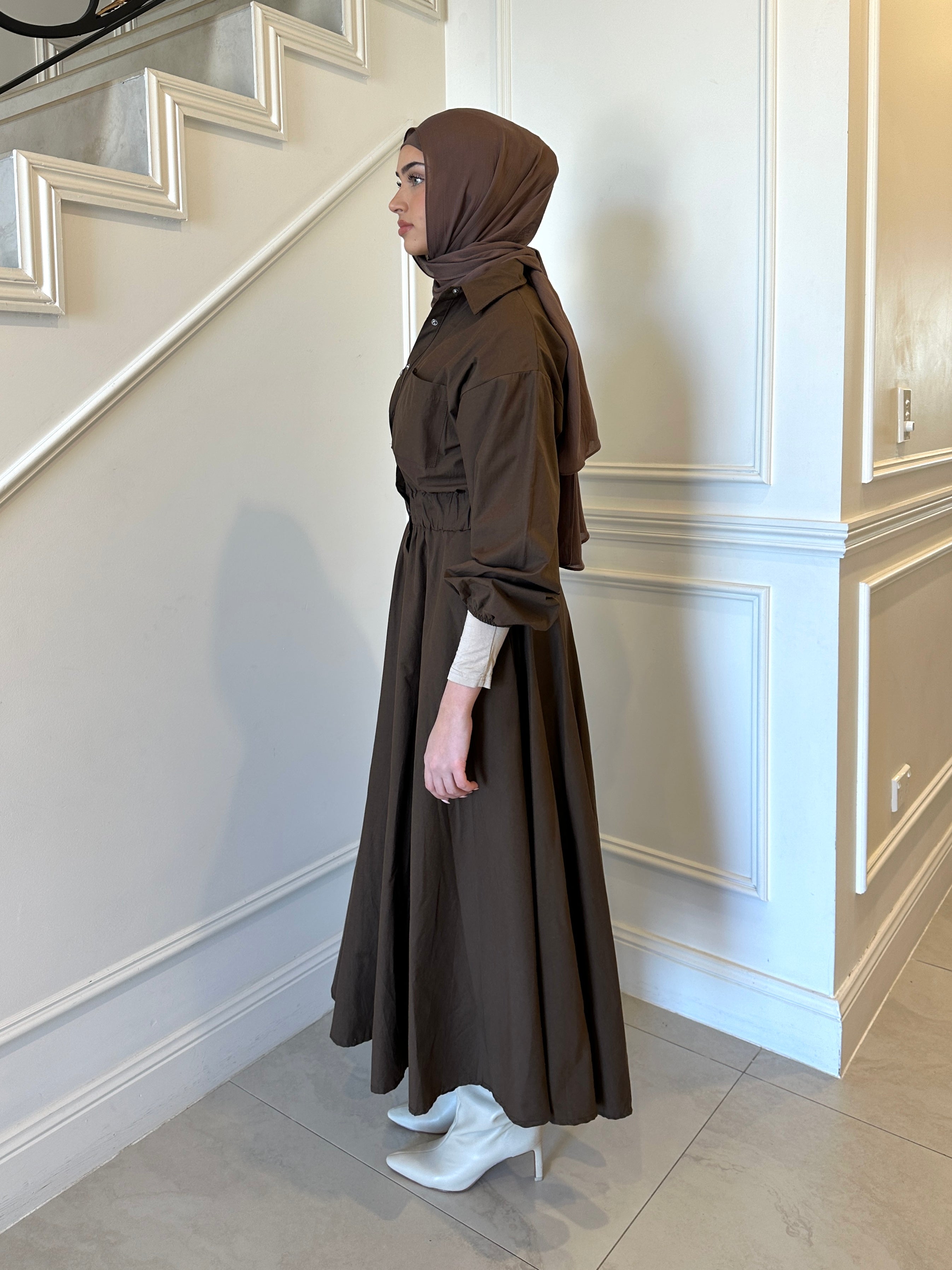 Veil of Faith Nomad Dress — neutral modest maxi dress with flowy silhouette