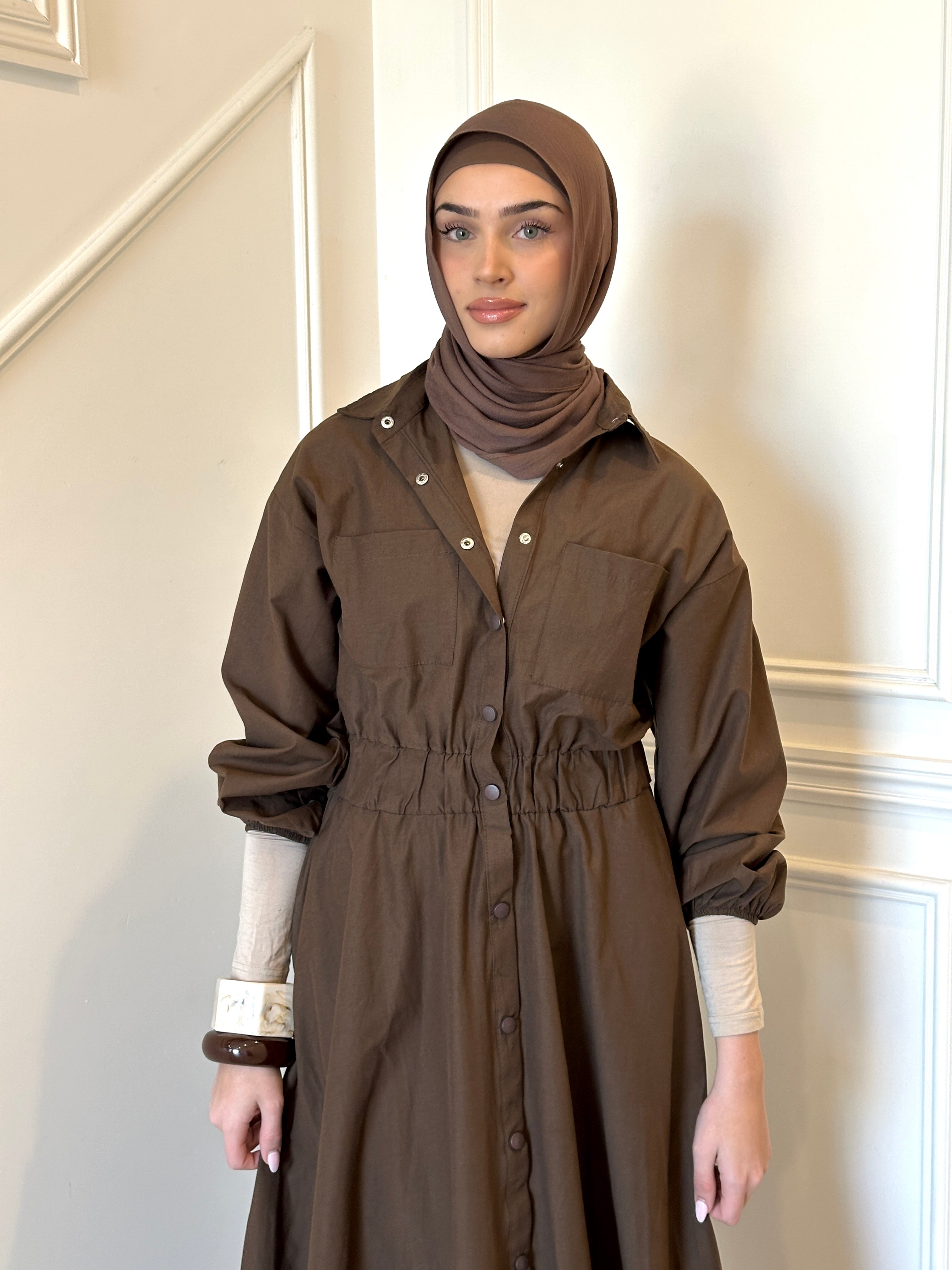 Veil of Faith Nomad Dress — neutral modest maxi dress with flowy silhouette