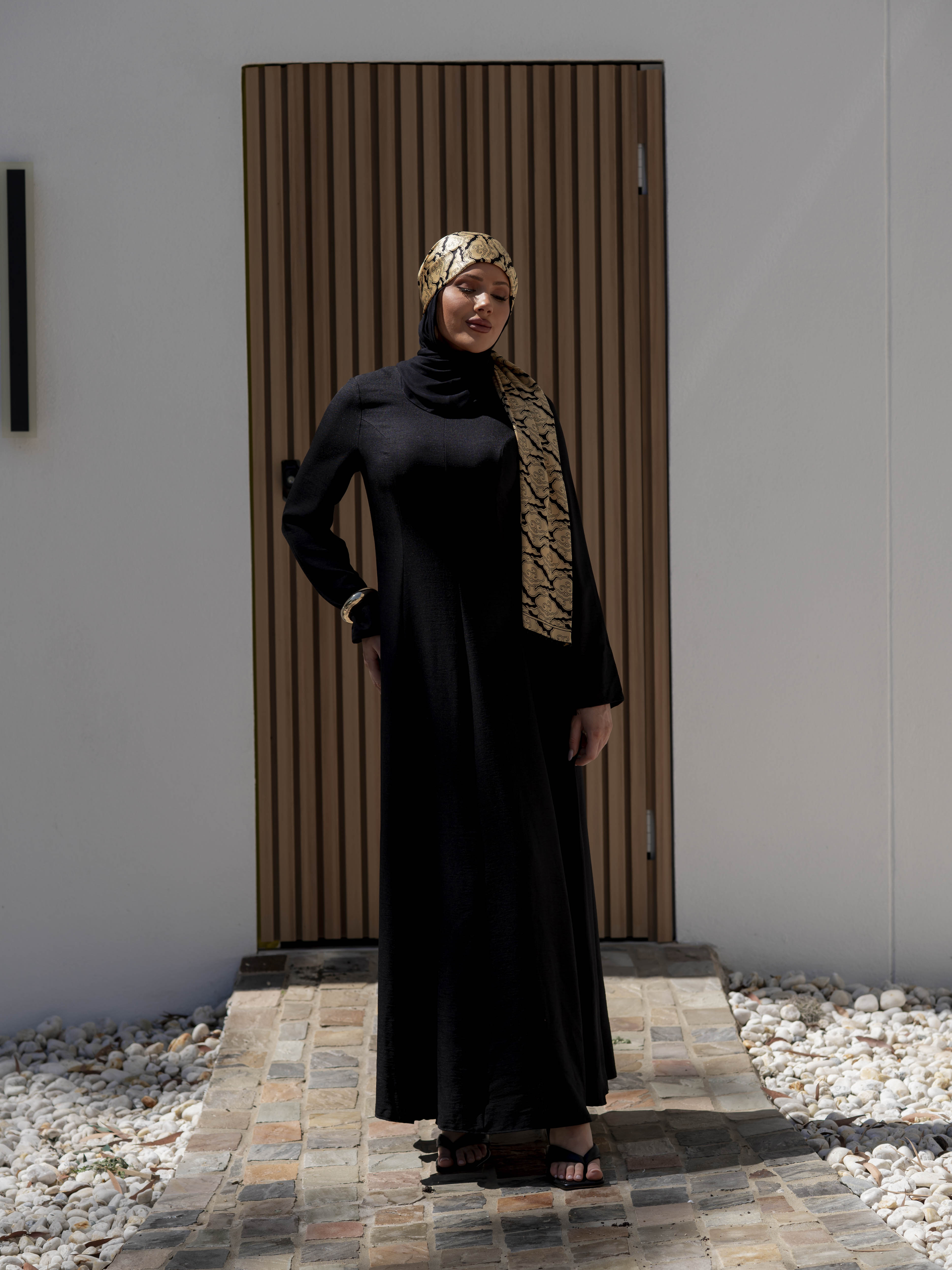 women's maxi flow dress for spring summer modest fashion with full length sleeves