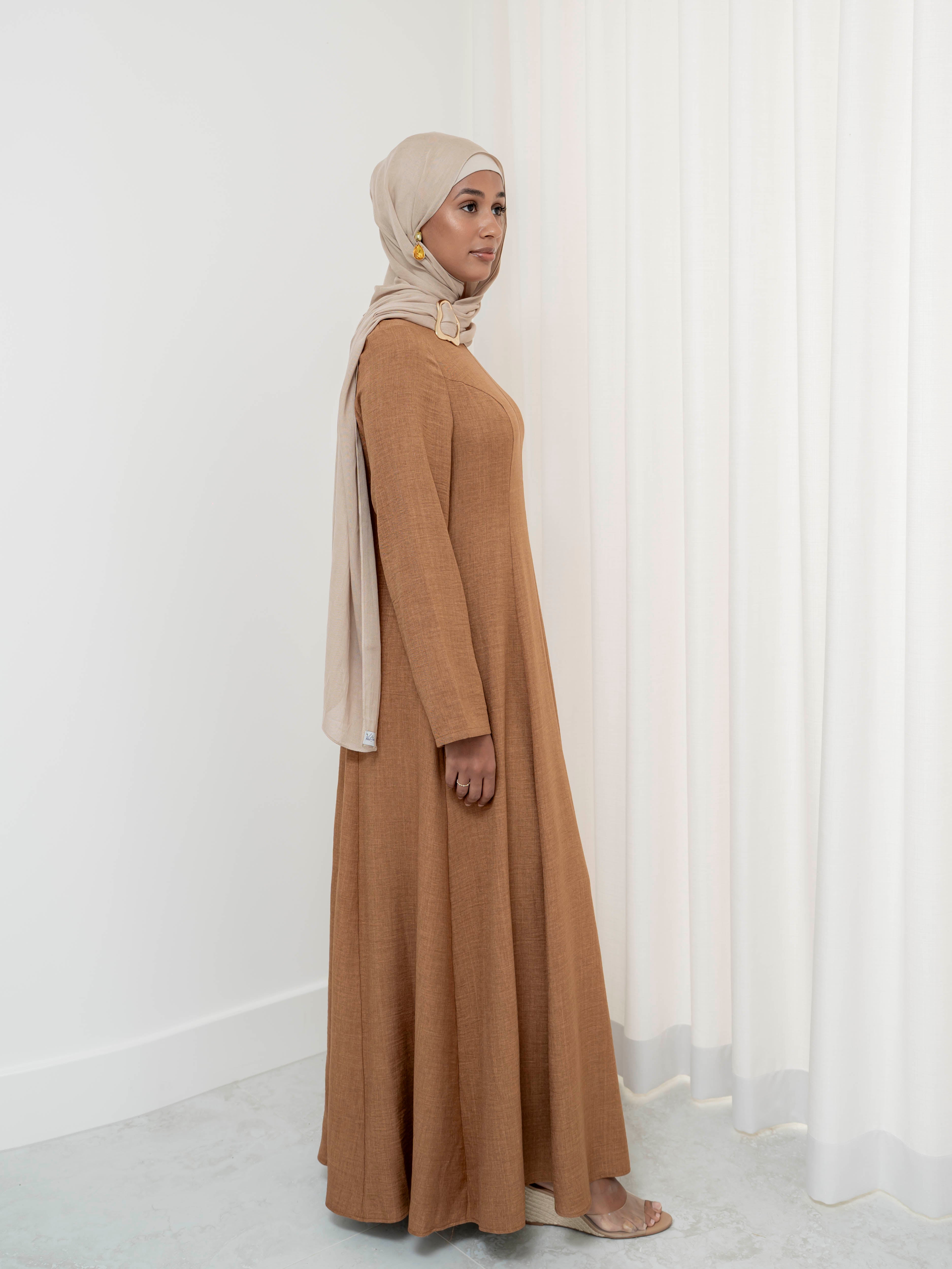 women's maxi flow dress for spring summer modest fashion with full length sleeves