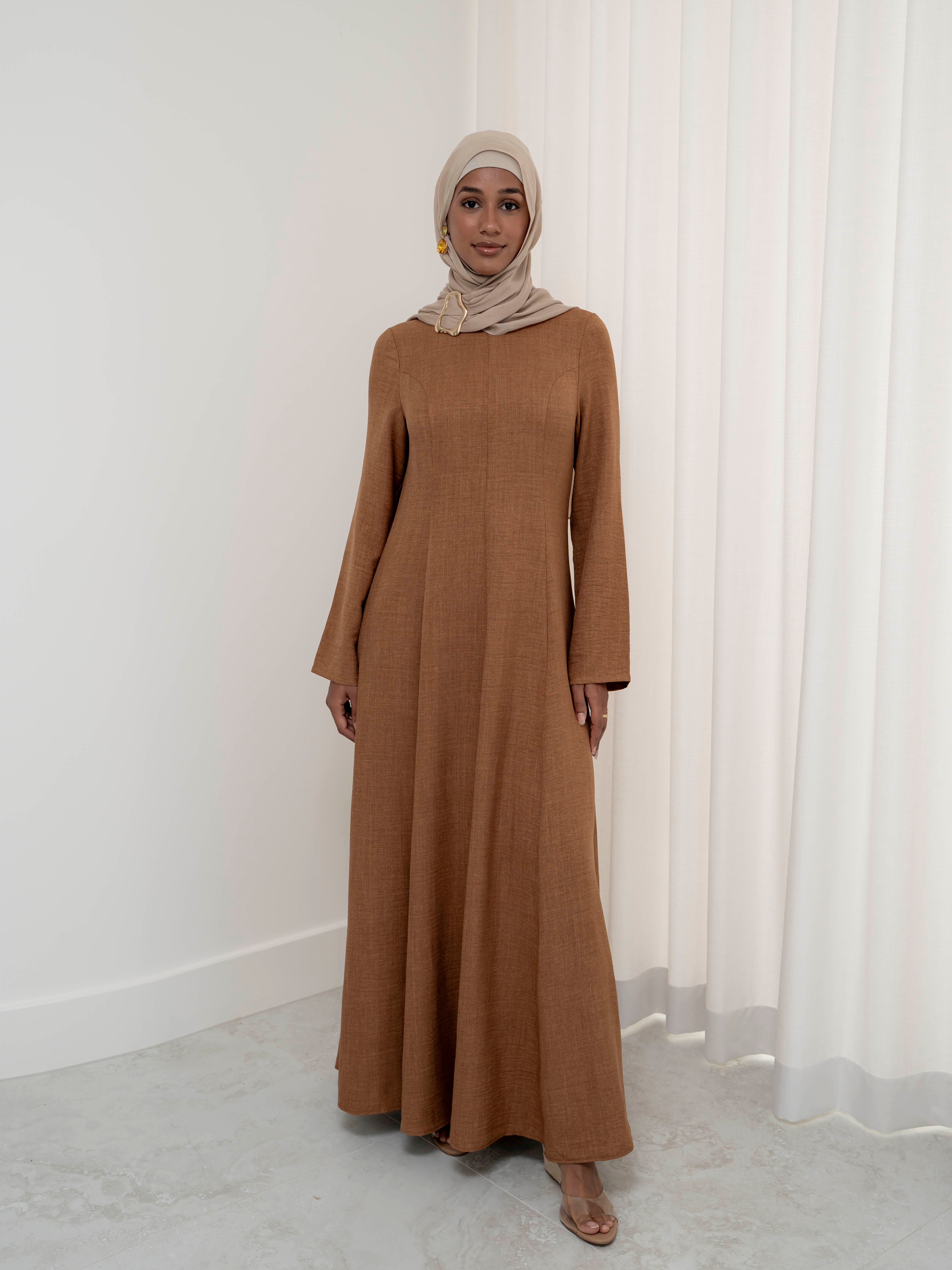 women's maxi flow dress for spring summer modest fashion with full length sleeves