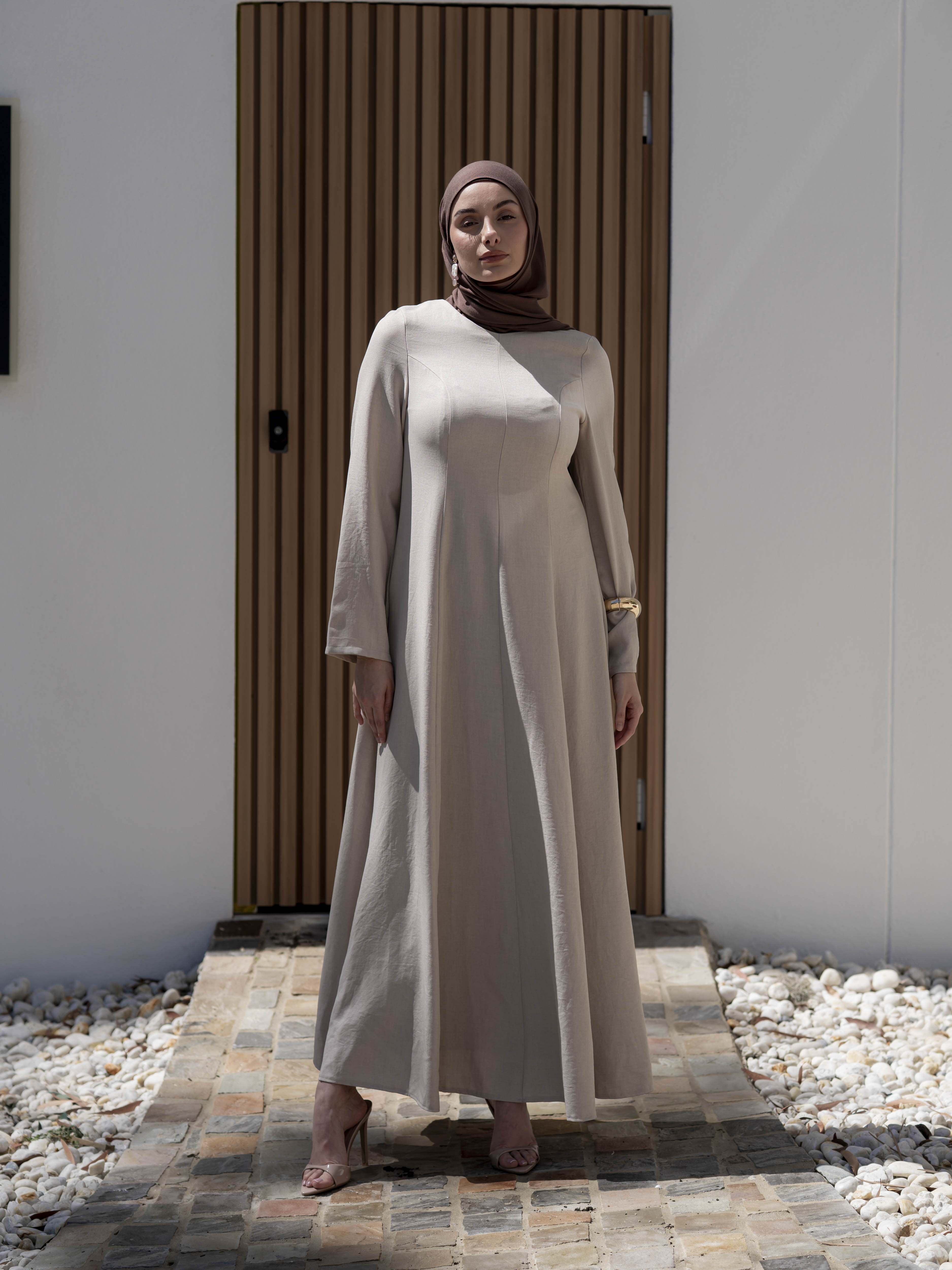 women's maxi flow dress for spring summer modest fashion with full length sleeves
