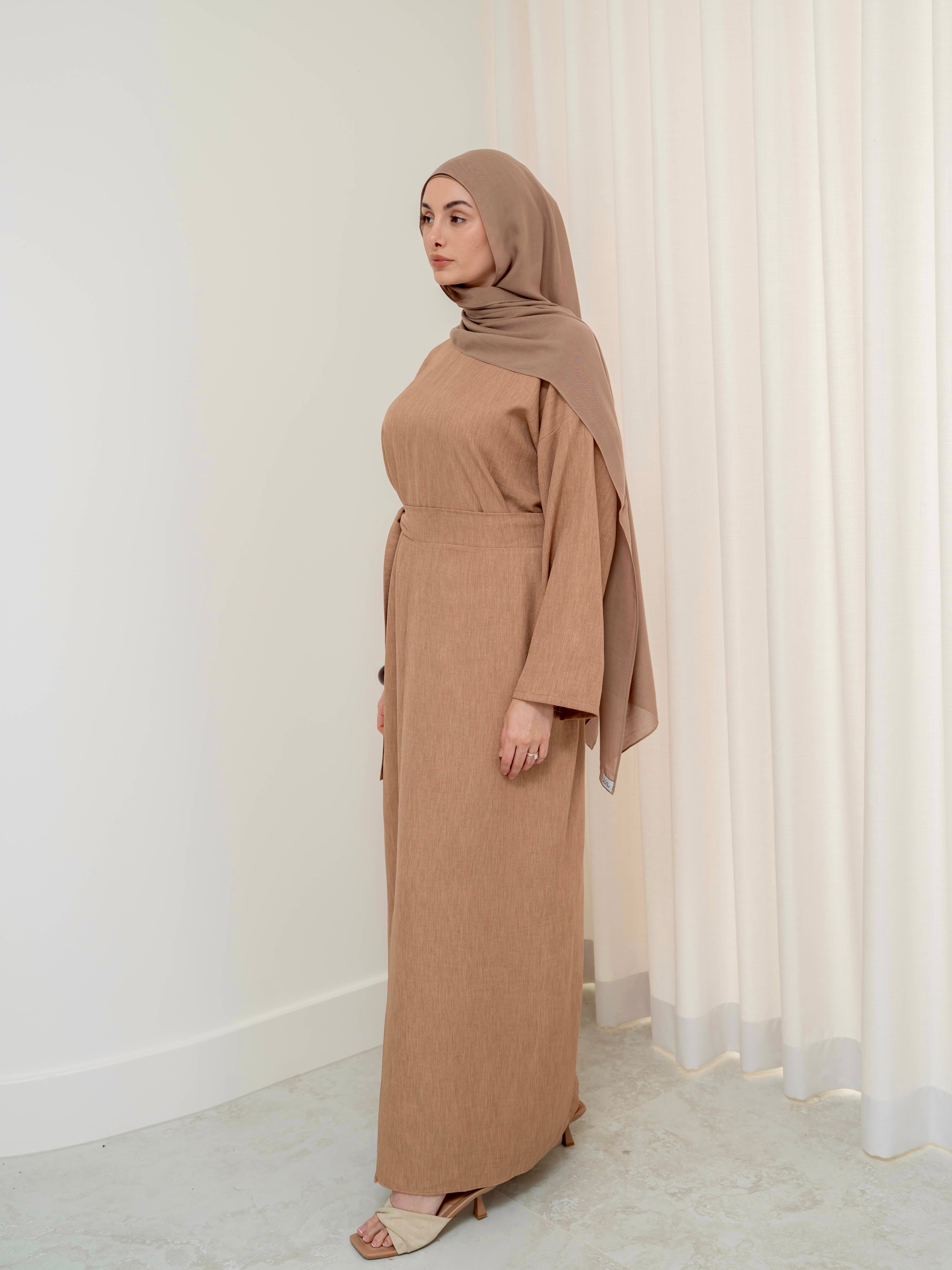 women's modest set, includes maxi full length dress/abaya with rap around skirt for spring summer fashion
