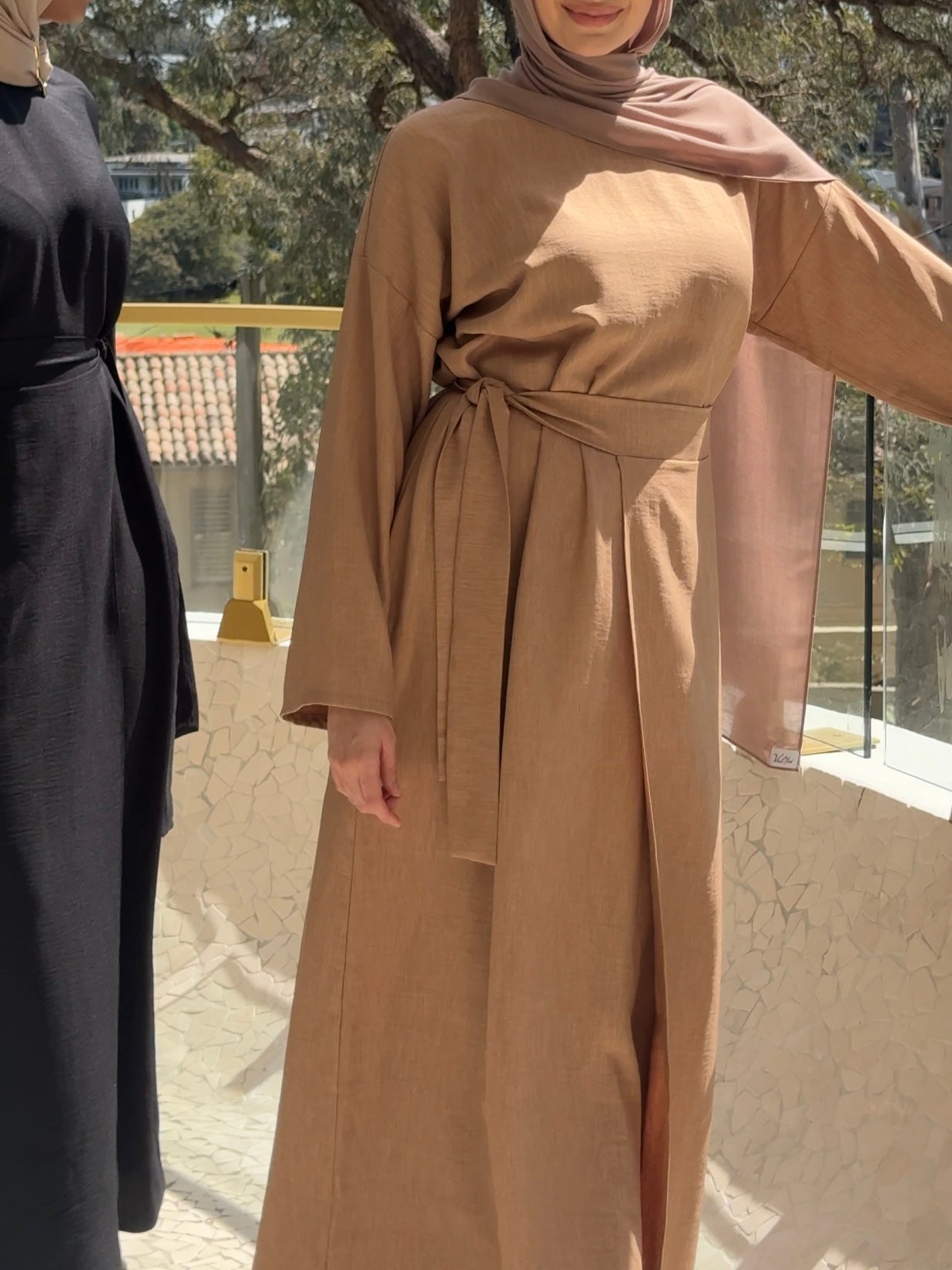 women's modest set, includes maxi full length dress/abaya with rap around skirt for spring summer fashion