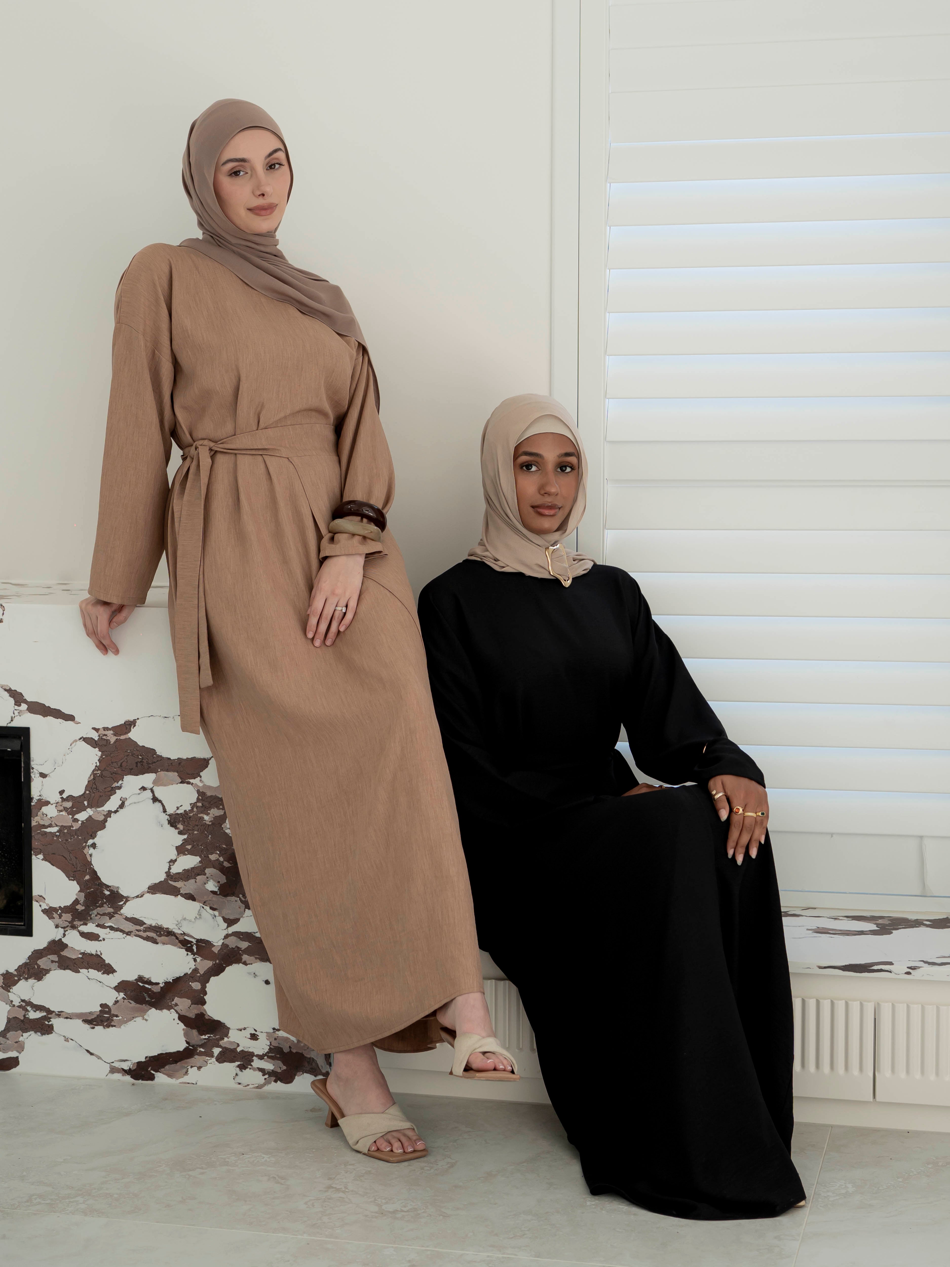 women's modest set, includes maxi full length dress/abaya with wrap around skirt for spring summer fashion