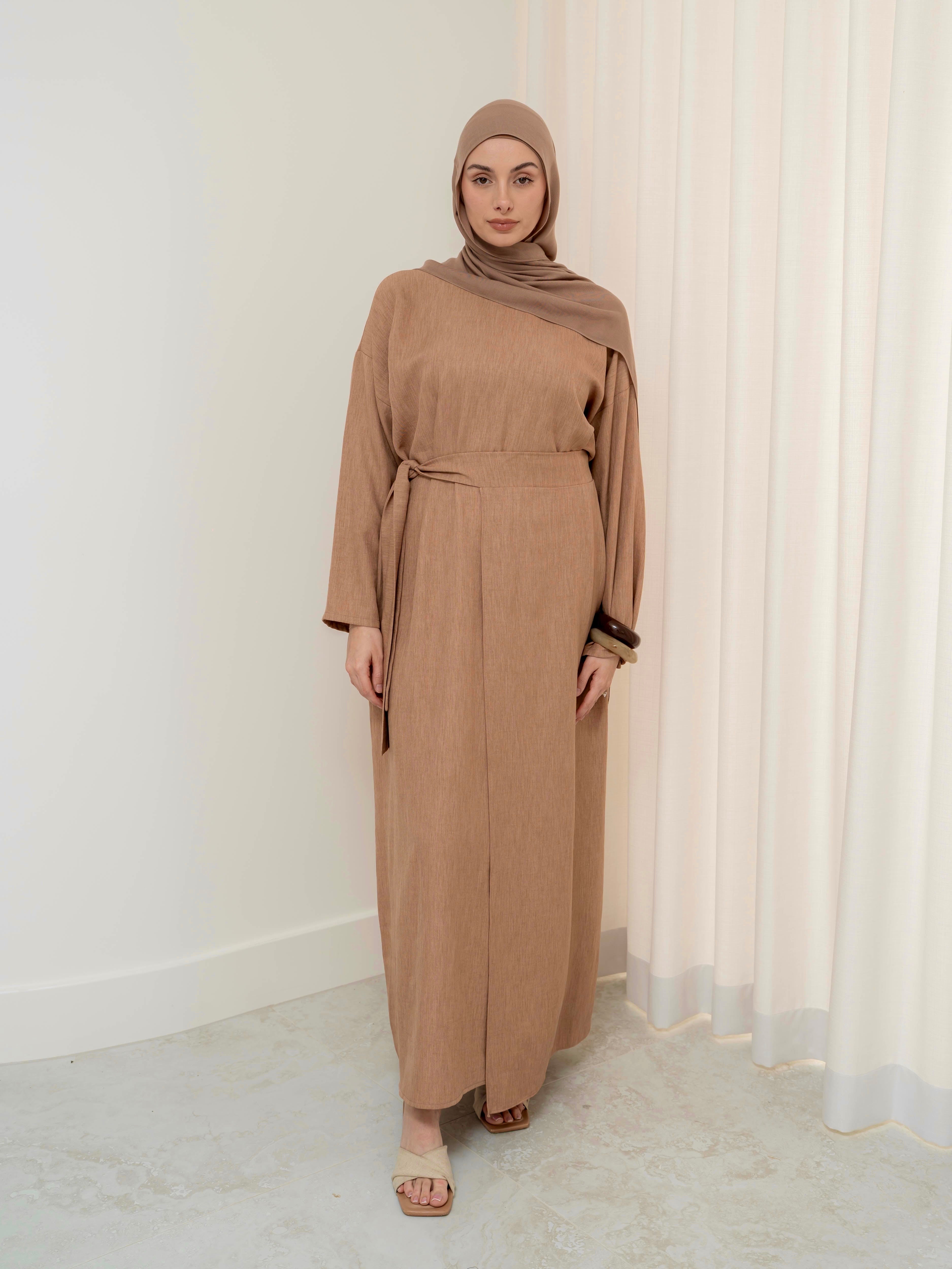 women's modest set, includes maxi full length dress/abaya with wrap around skirt for spring summer fashion