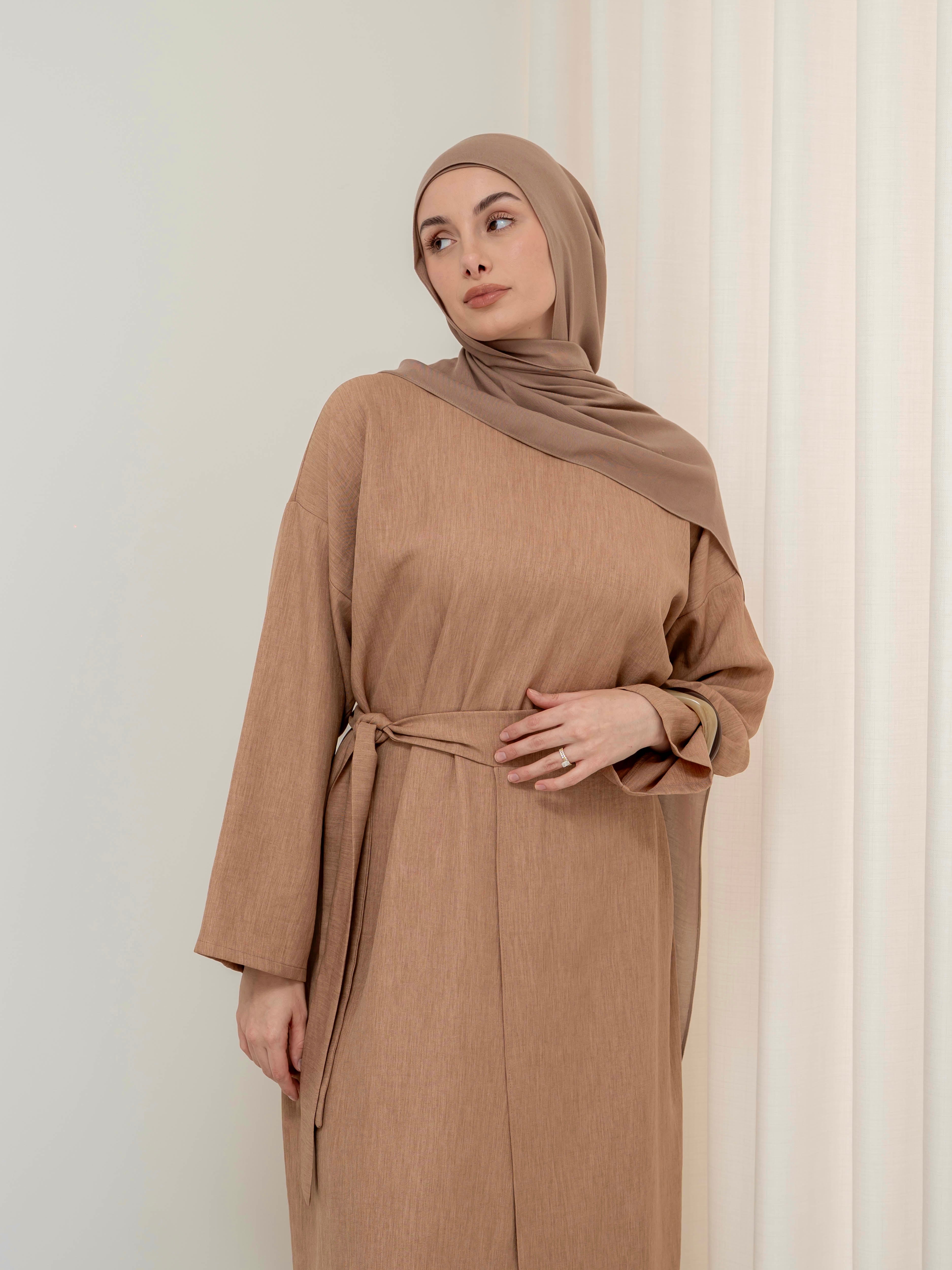 women's modest set, includes maxi full length dress/abaya with wrap around skirt for spring summer fashion