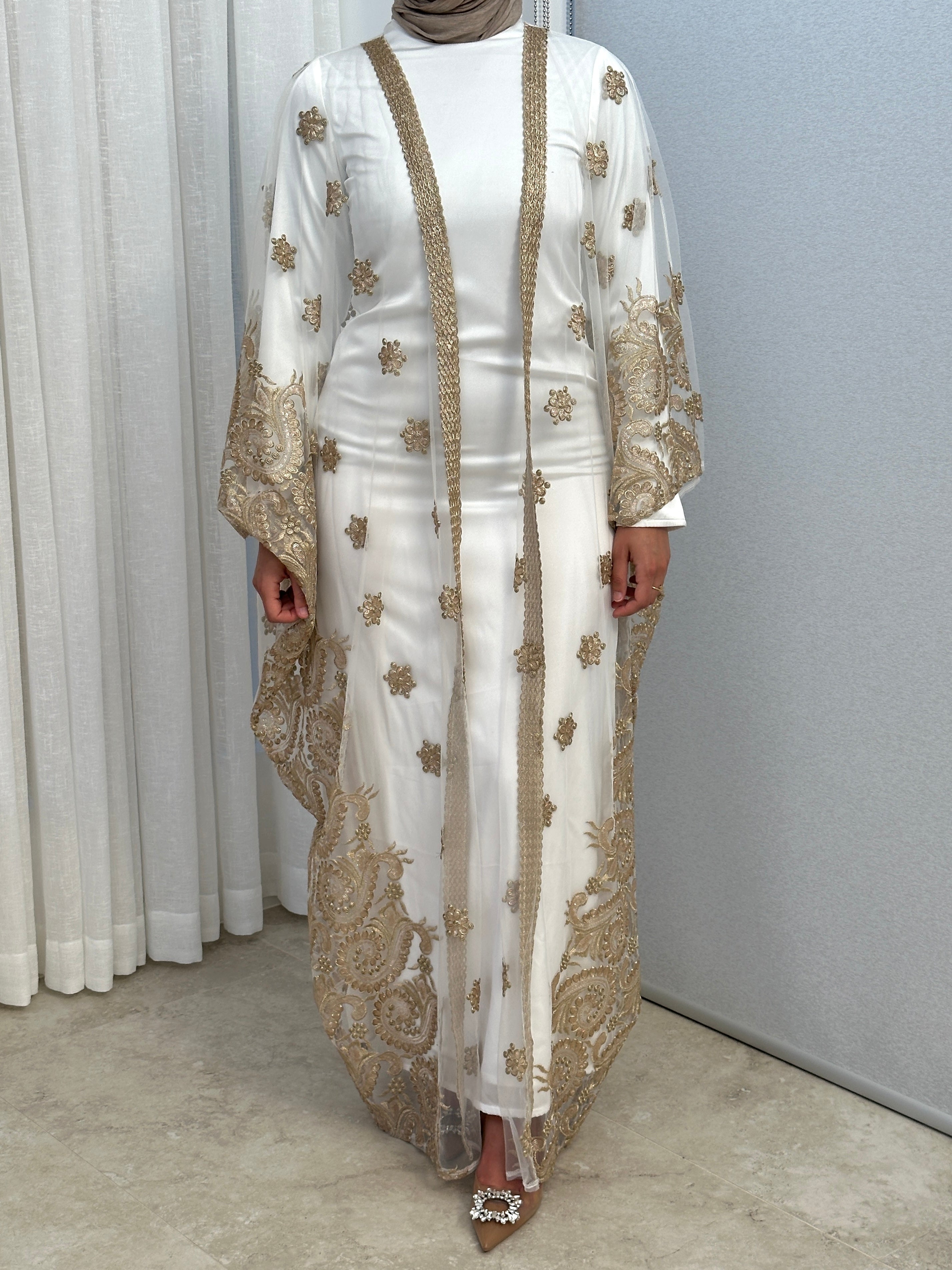 women's 2 piece abaya set in white with gold embellishment for ramadan/ eid, event/ occasion wear. suitable for modest fashion girls, hijabis.