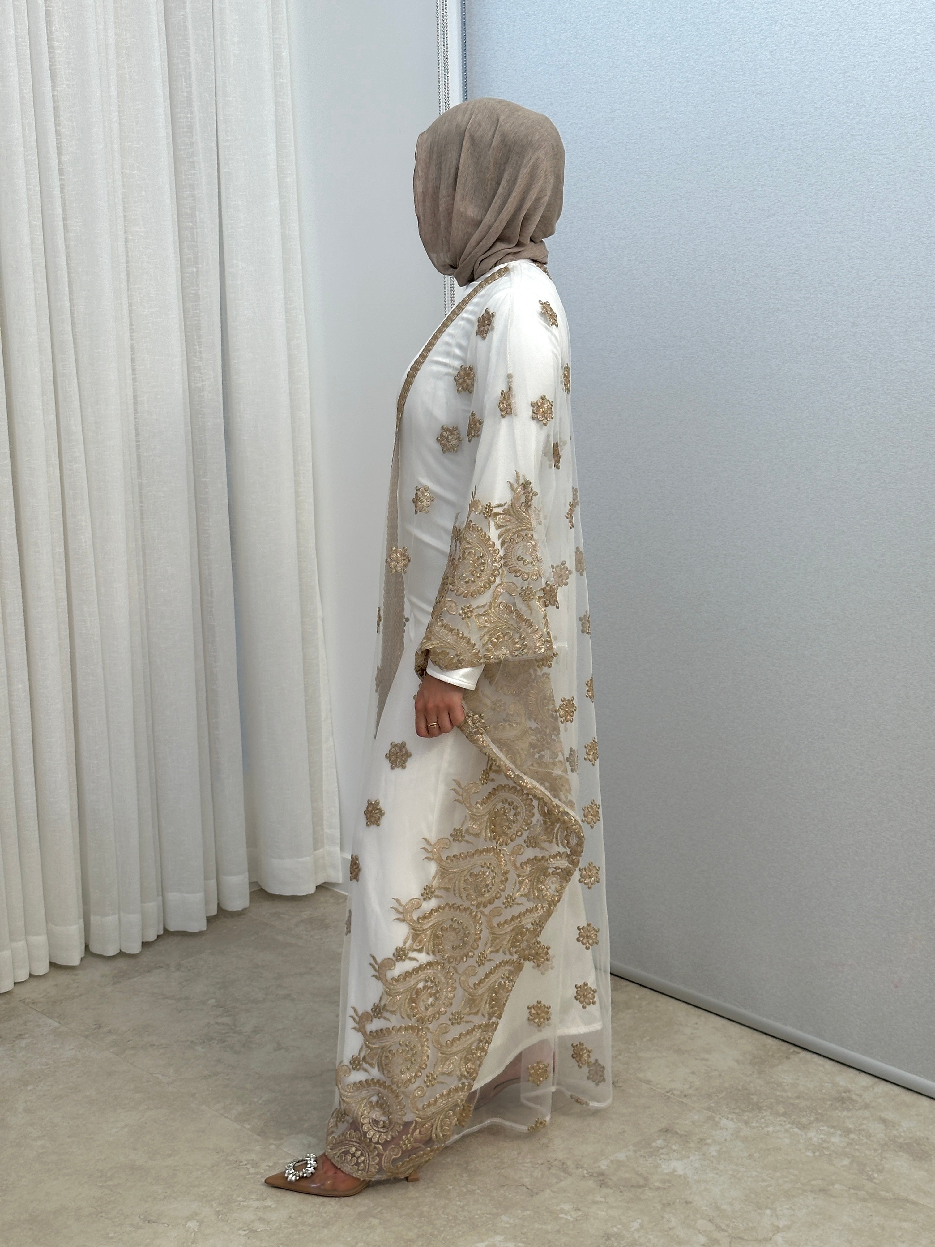 women's 2 piece abaya set in white with gold embellishment for ramadan/ eid, event/ occasion wear. suitable for modest fashion girls, hijabis.