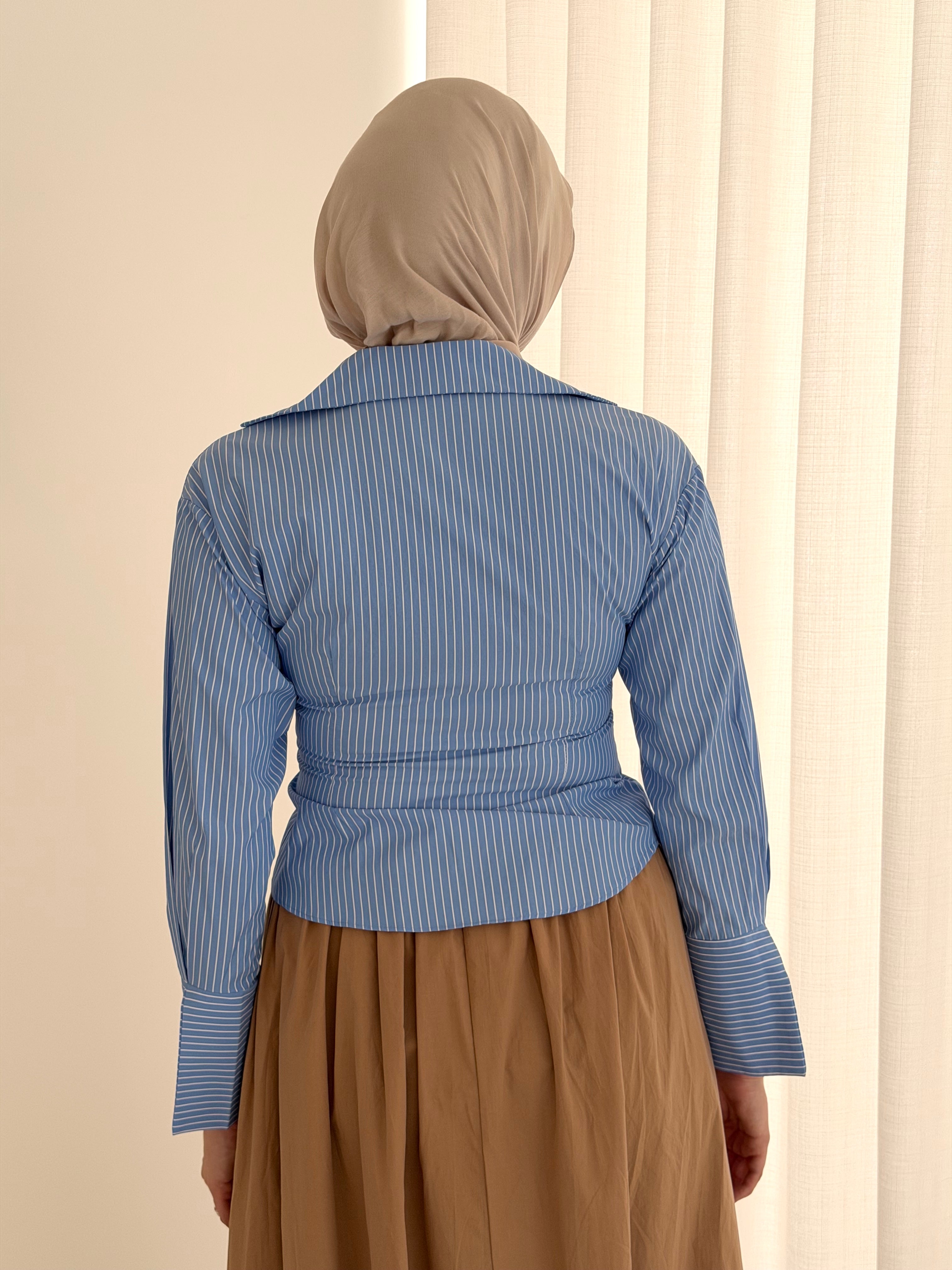 women's wrap tie, pinstripe shirt in sky blue and white for spring summer days - casual, semi-formal and cooperate modest fashion look. hijabi fiendly.