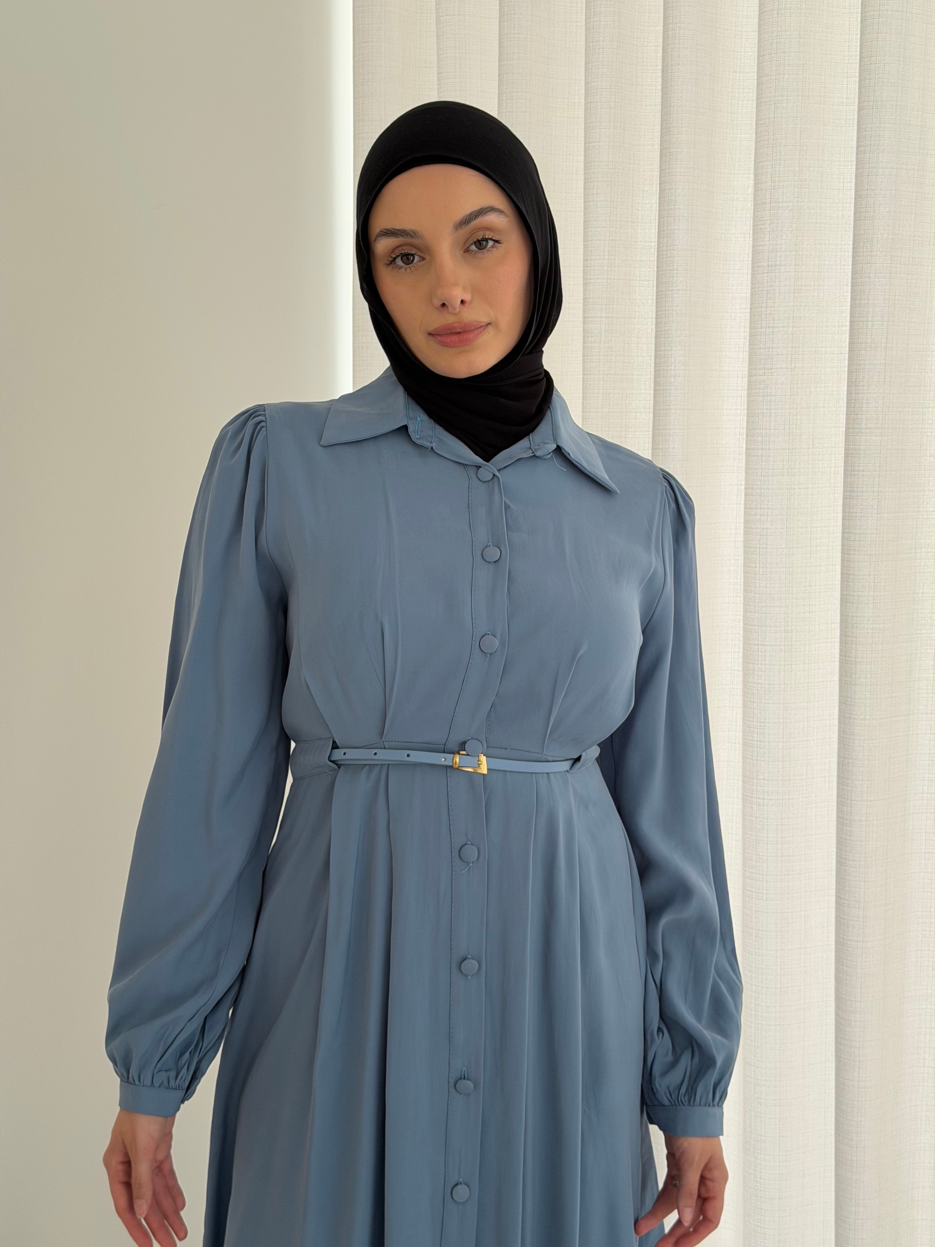 women's maxi dull length dress for spring/summer, with collar, long sleeves and centre front buttons. Dress is modest and hijabi friendly, feminine and lightweight.