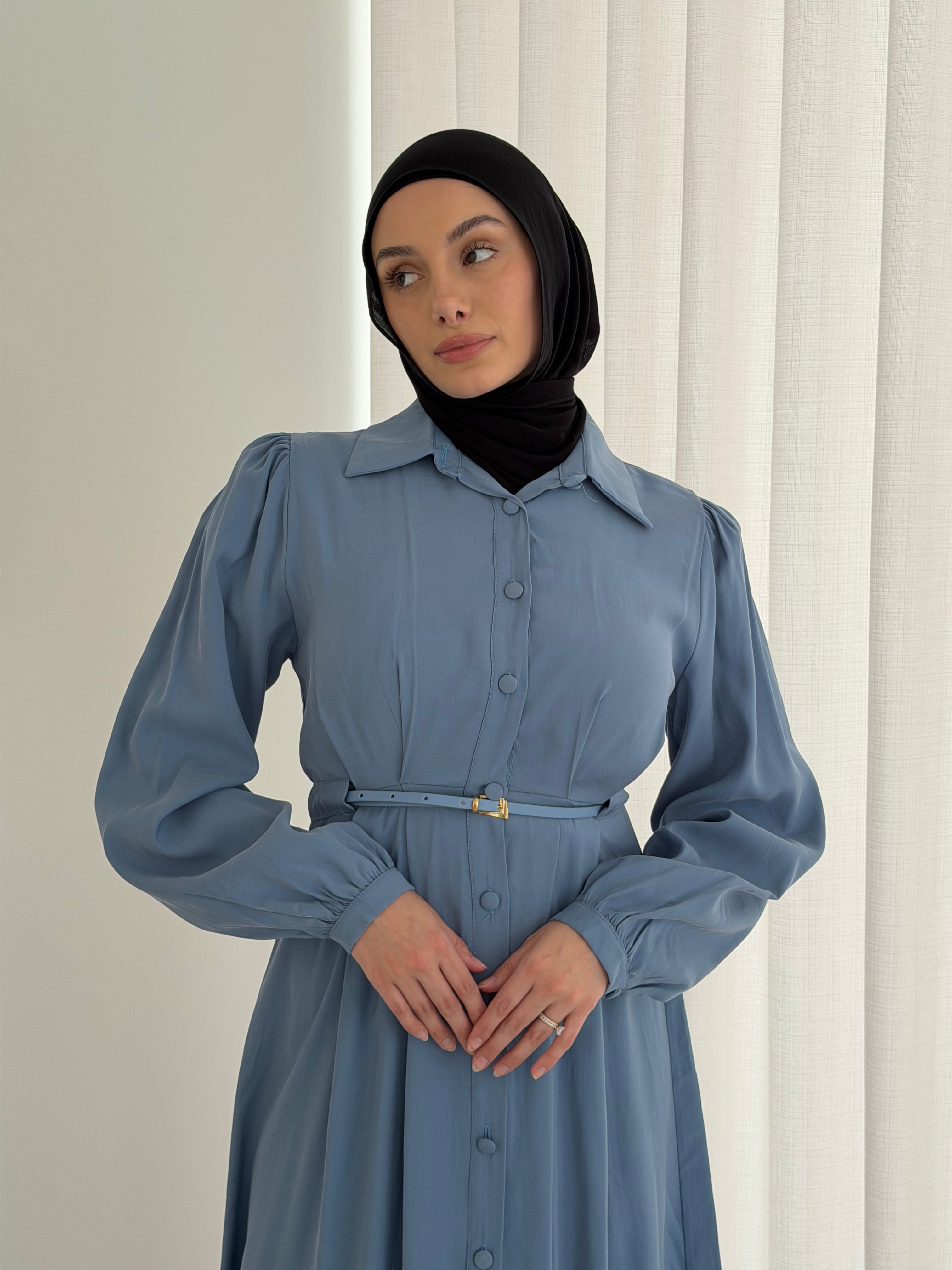 women's maxi dull length dress for spring/summer, with collar, long sleeves and centre front buttons. Dress is modest and hijabi friendly, feminine and lightweight.