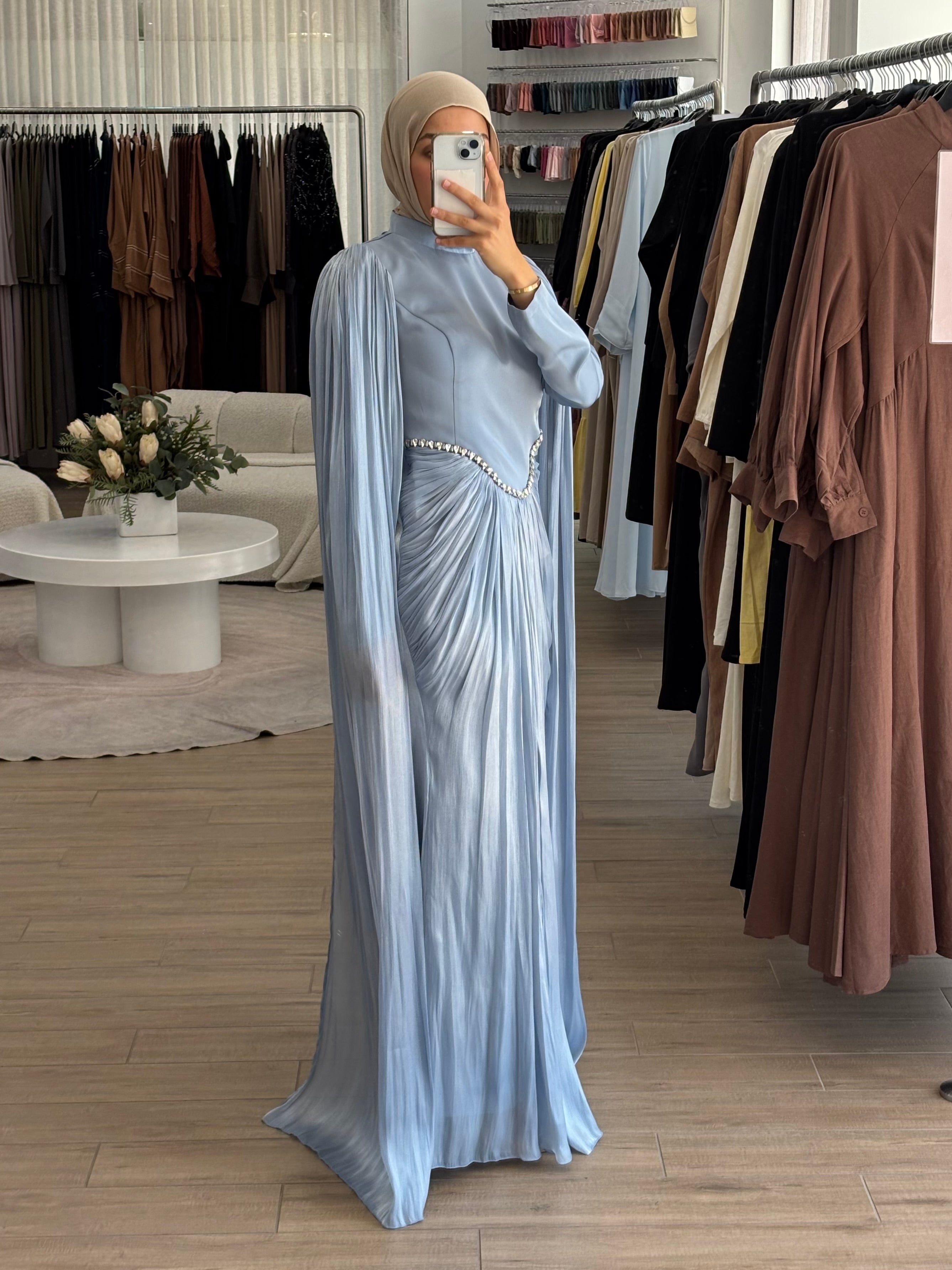 women's modest formal dress with full coverage, hijab friendly and suitable for islamic, muslim women for parties, events, occasions such as fatiha, kk, nikkah, engagement, wedding guest. full length maxi dress with drape and embellishment.