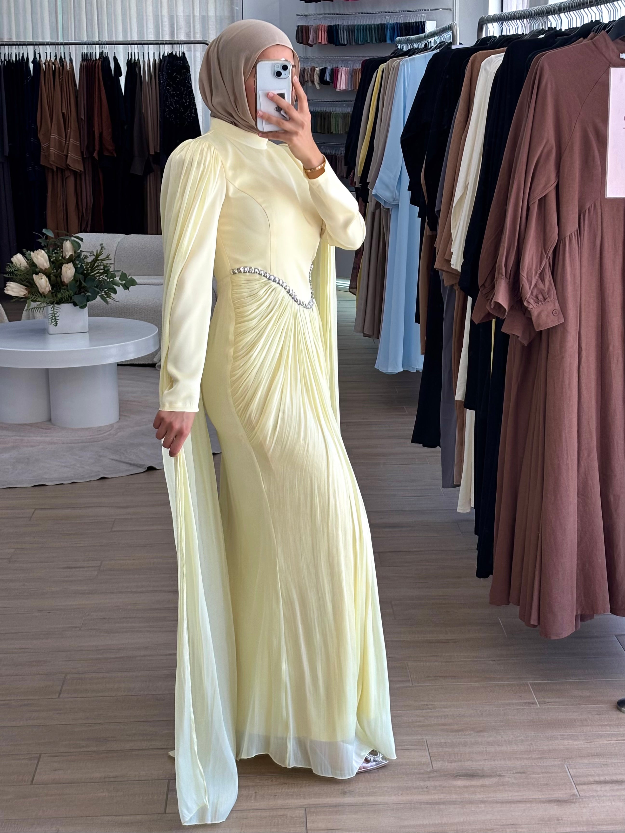 women's modest formal dress with full coverage, hijab friendly and suitable for islamic, muslim women for parties, events, occasions such as fatiha, kk, nikkah, engagement, wedding guest. full length maxi dress with drape and embellishment.