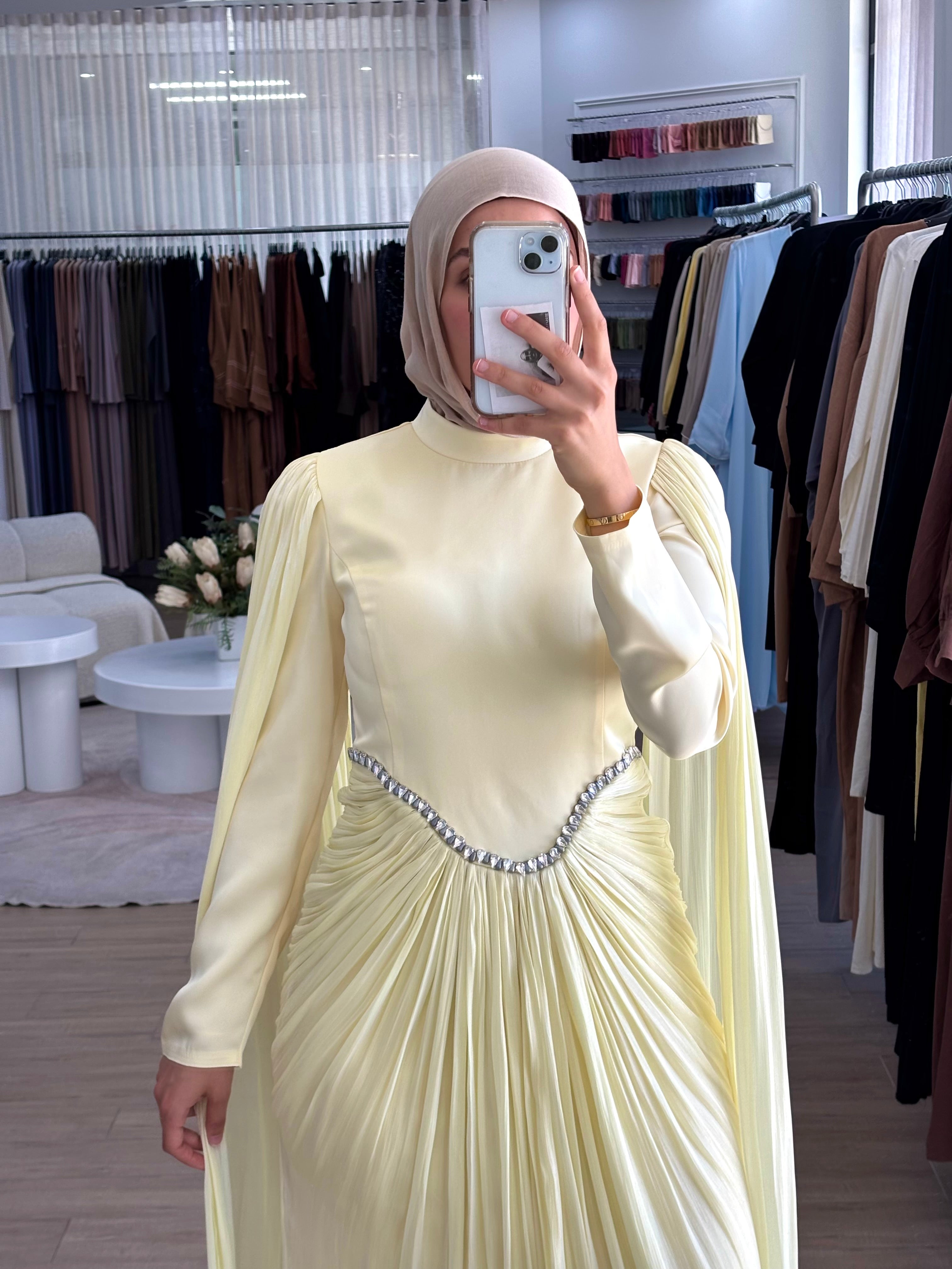 women's modest formal dress with full coverage, hijab friendly and suitable for islamic, muslim women for parties, events, occasions such as fatiha, kk, nikkah, engagement, wedding guest. full length maxi dress with drape and embellishment.