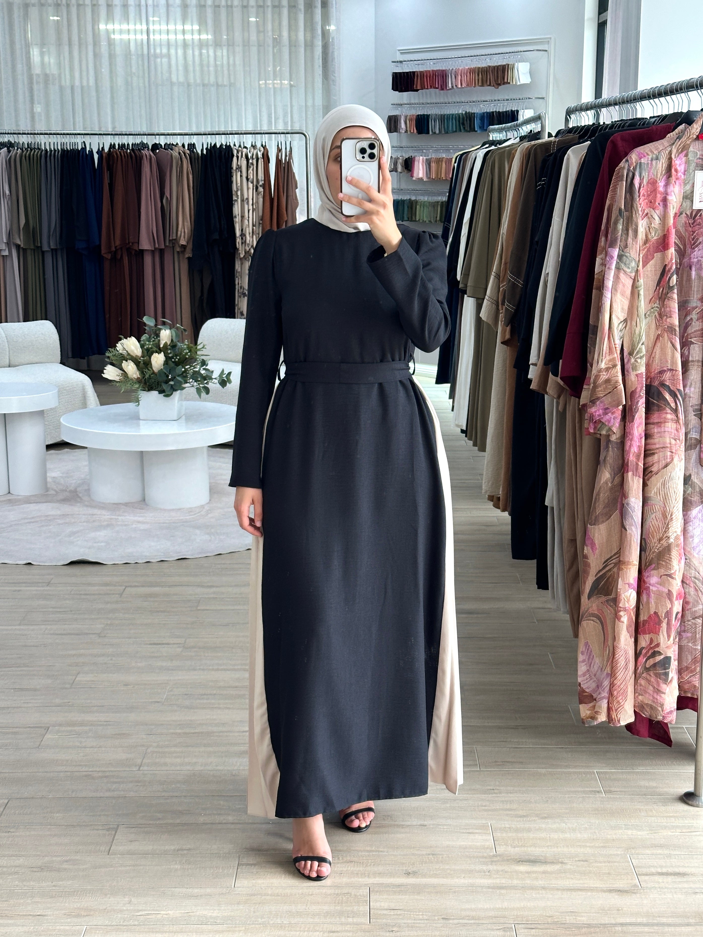 women's full length maxi dress with long sleeves and side pleats for day to night wear. lightweight and modest.