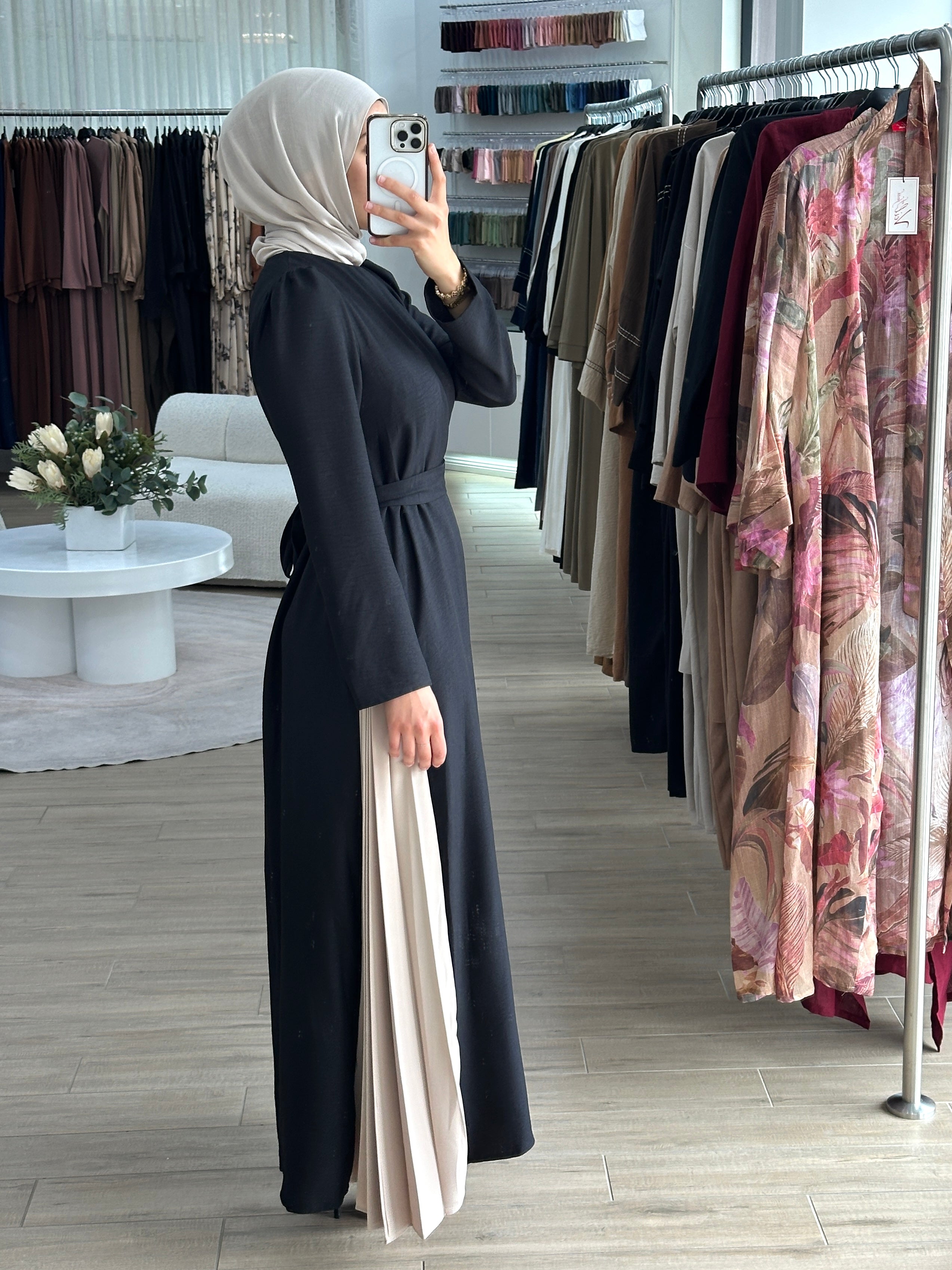 women's full length maxi dress with long sleeves and side pleats for day to night wear. lightweight and modest.