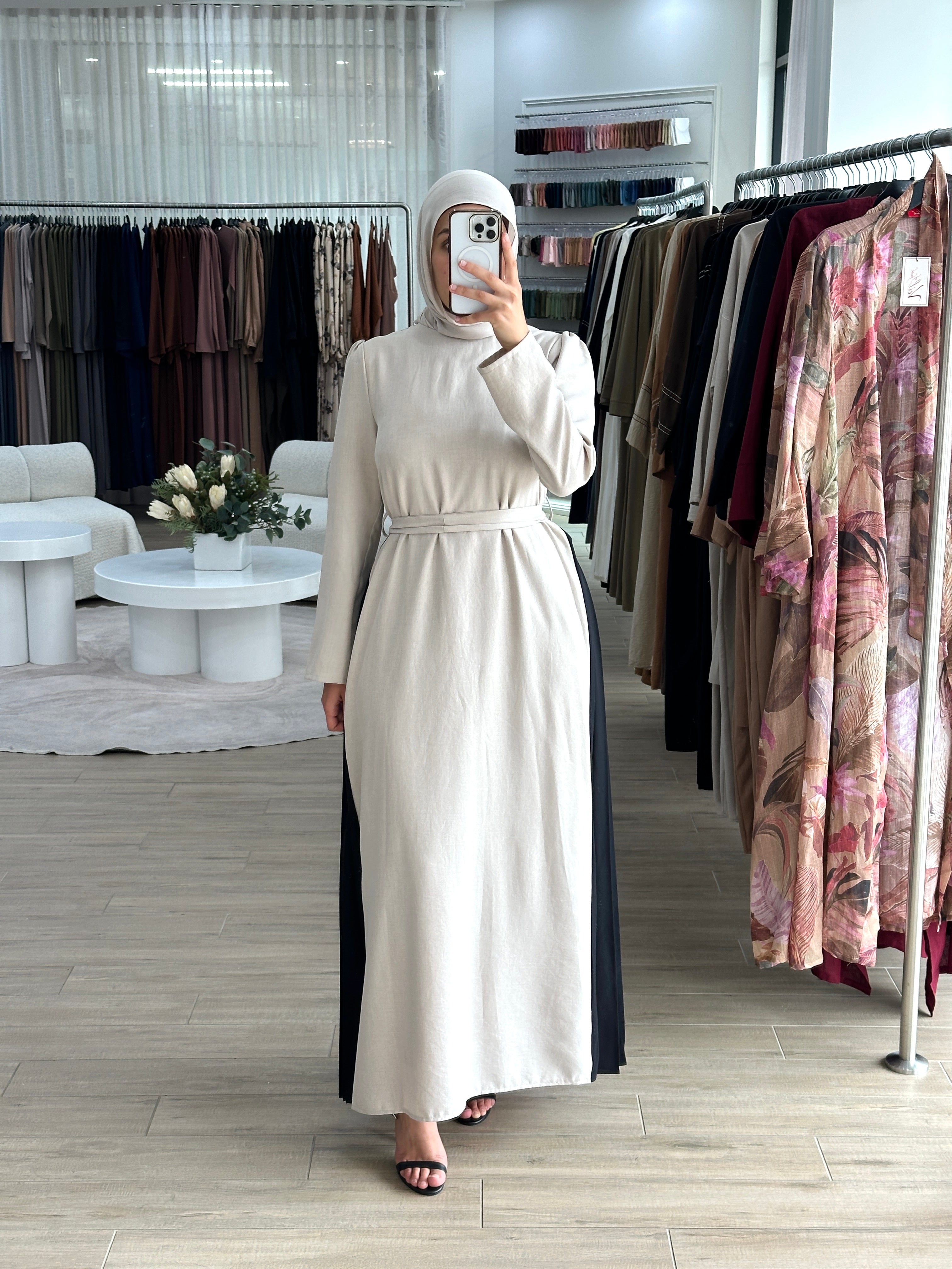 women's full length maxi dress with long sleeves and side pleats for day to night wear. lightweight and modest.
