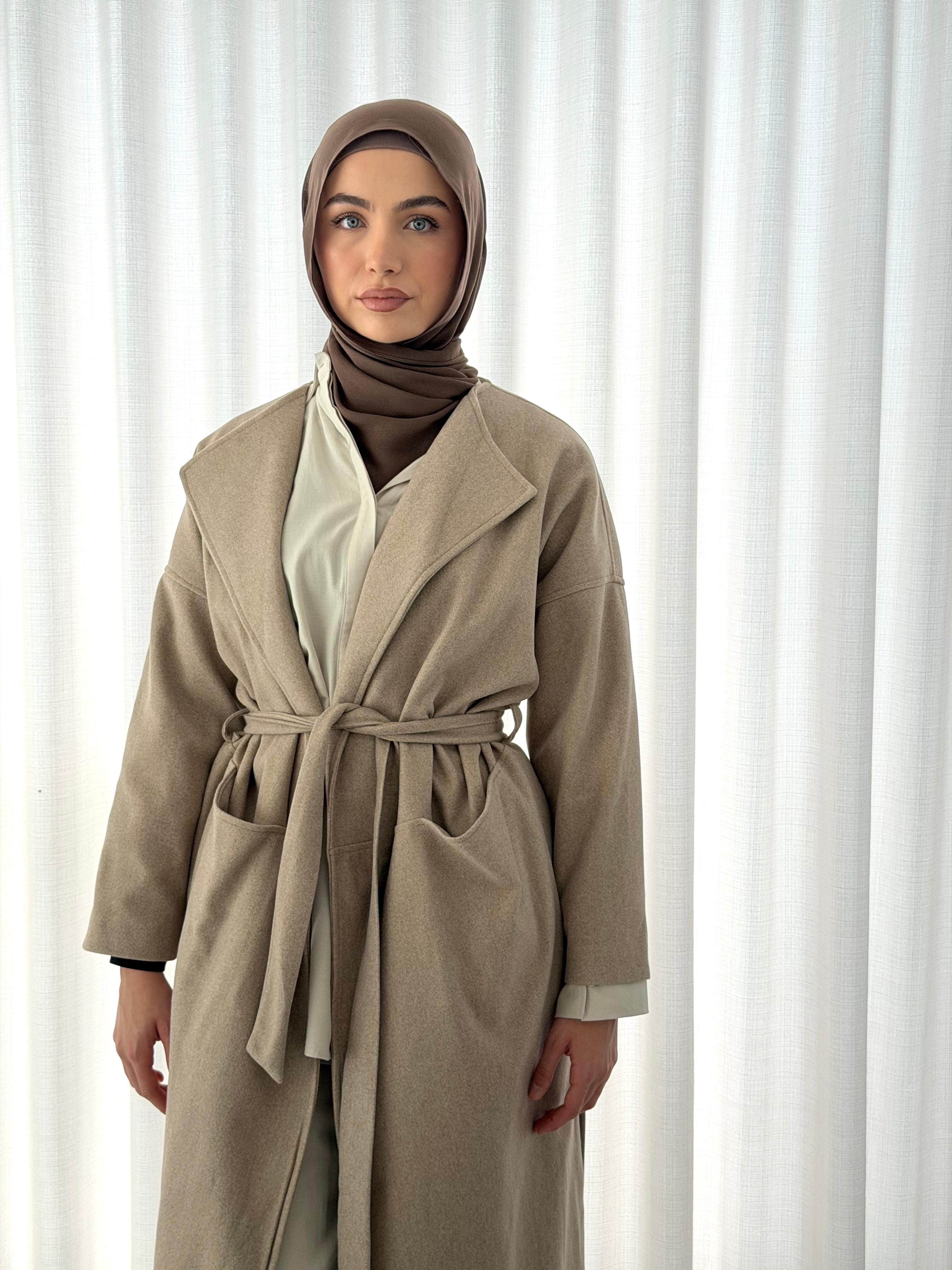 Refined Wrap Coat in sand – waist tie detail on wrap coat
