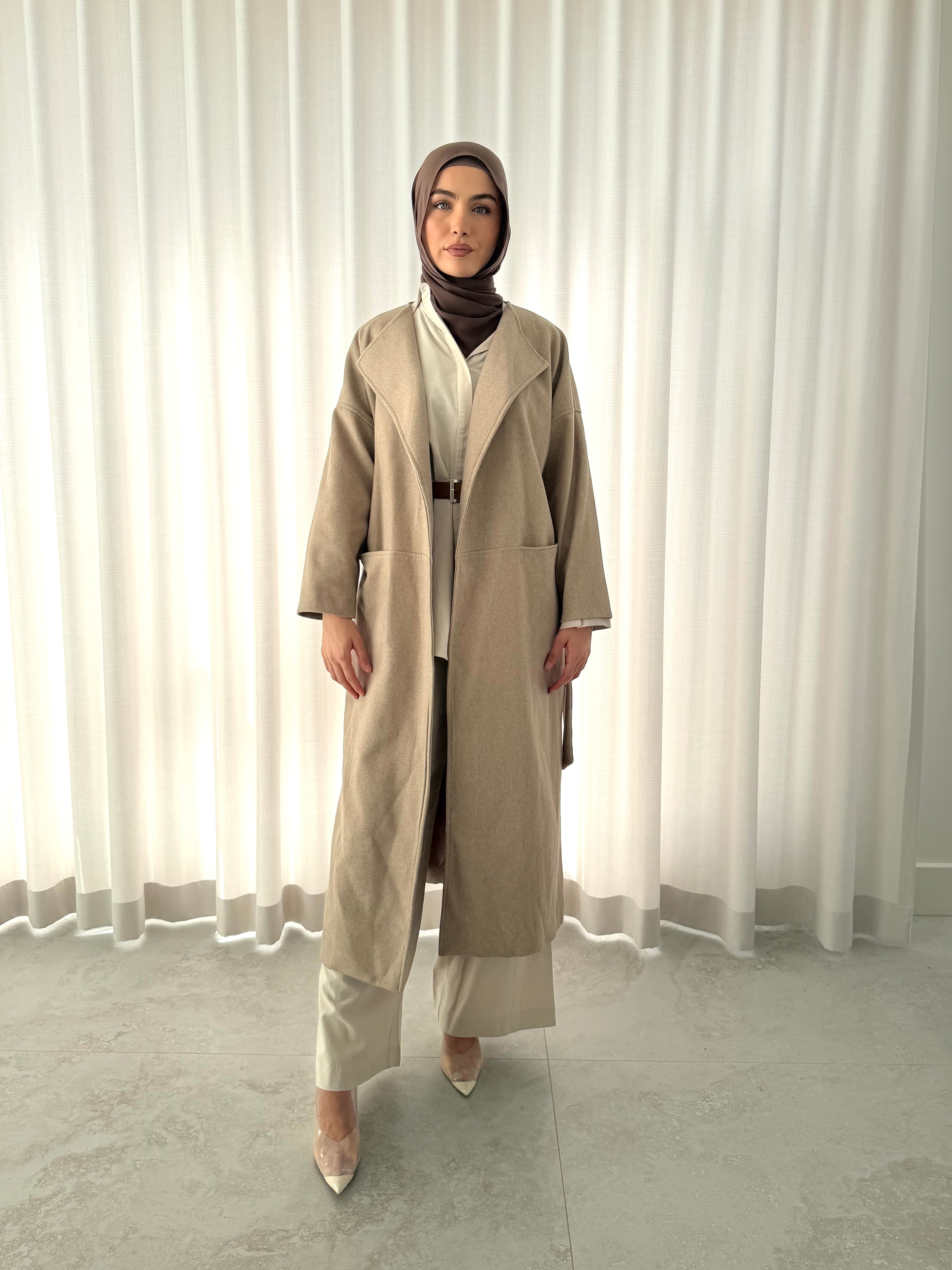 Refined Wrap Coat in sand – midi length with adjustable waist tie, front view