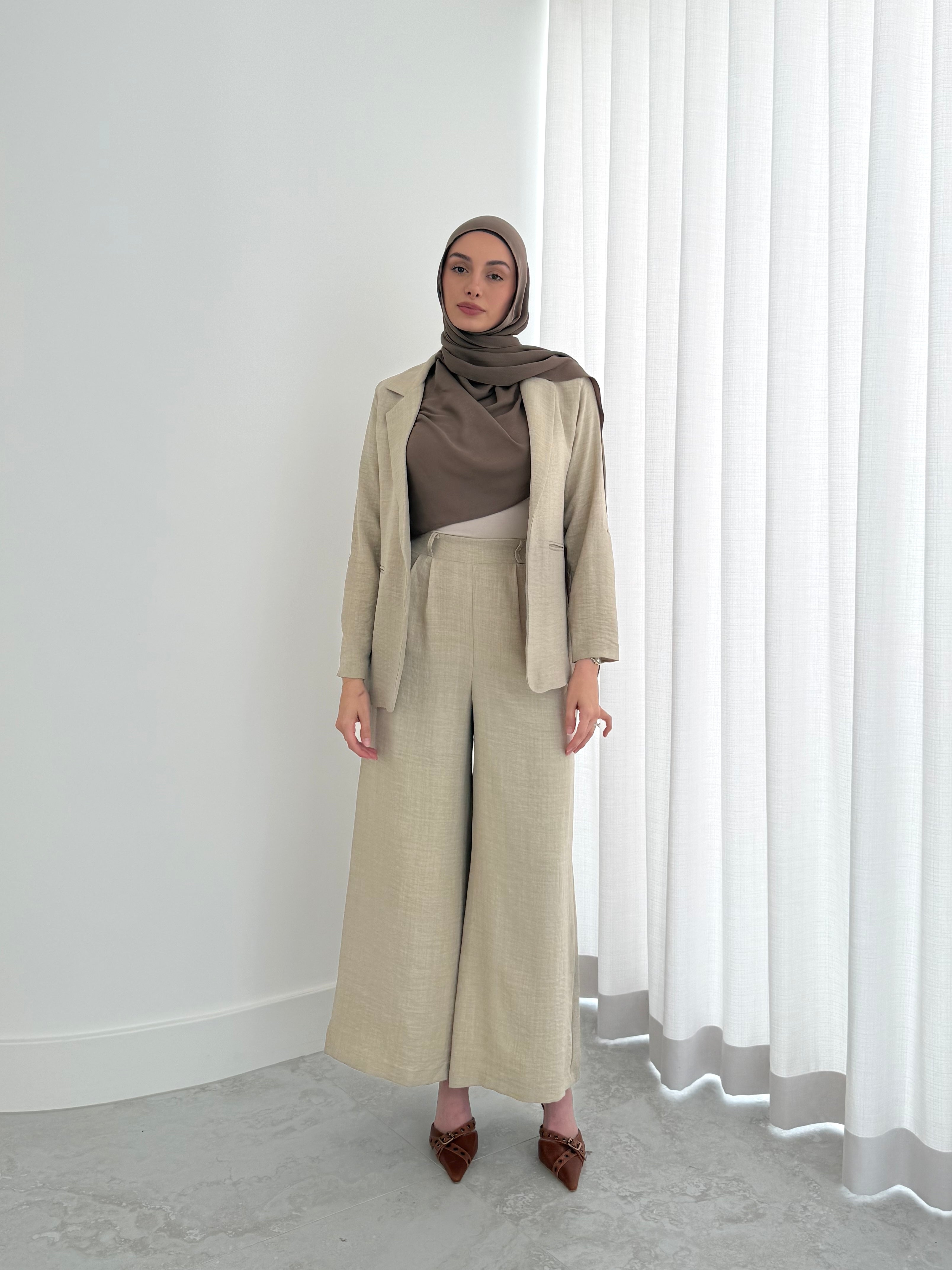 women's relaxed tailored set for smart casual outings or for cooperate work. soft fabric suitable for spring summer. modest tailored jacket with wide flare pant for modest coverage and hijabi firendly.