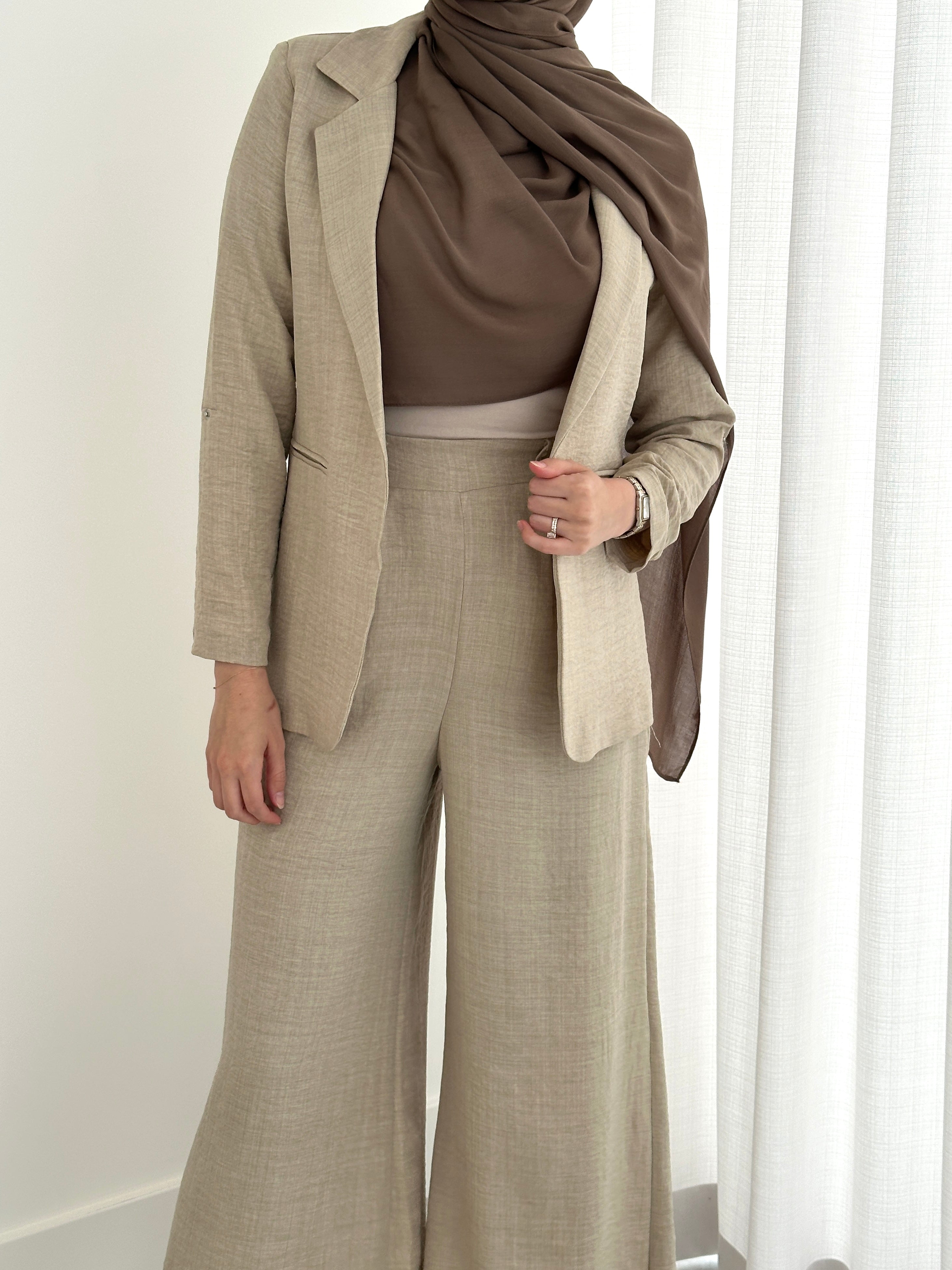 women's relaxed tailored set for smart casual outings or for cooperate work. soft fabric suitable for spring summer. modest tailored jacket with wide flare pant for modest coverage and hijabi firendly.