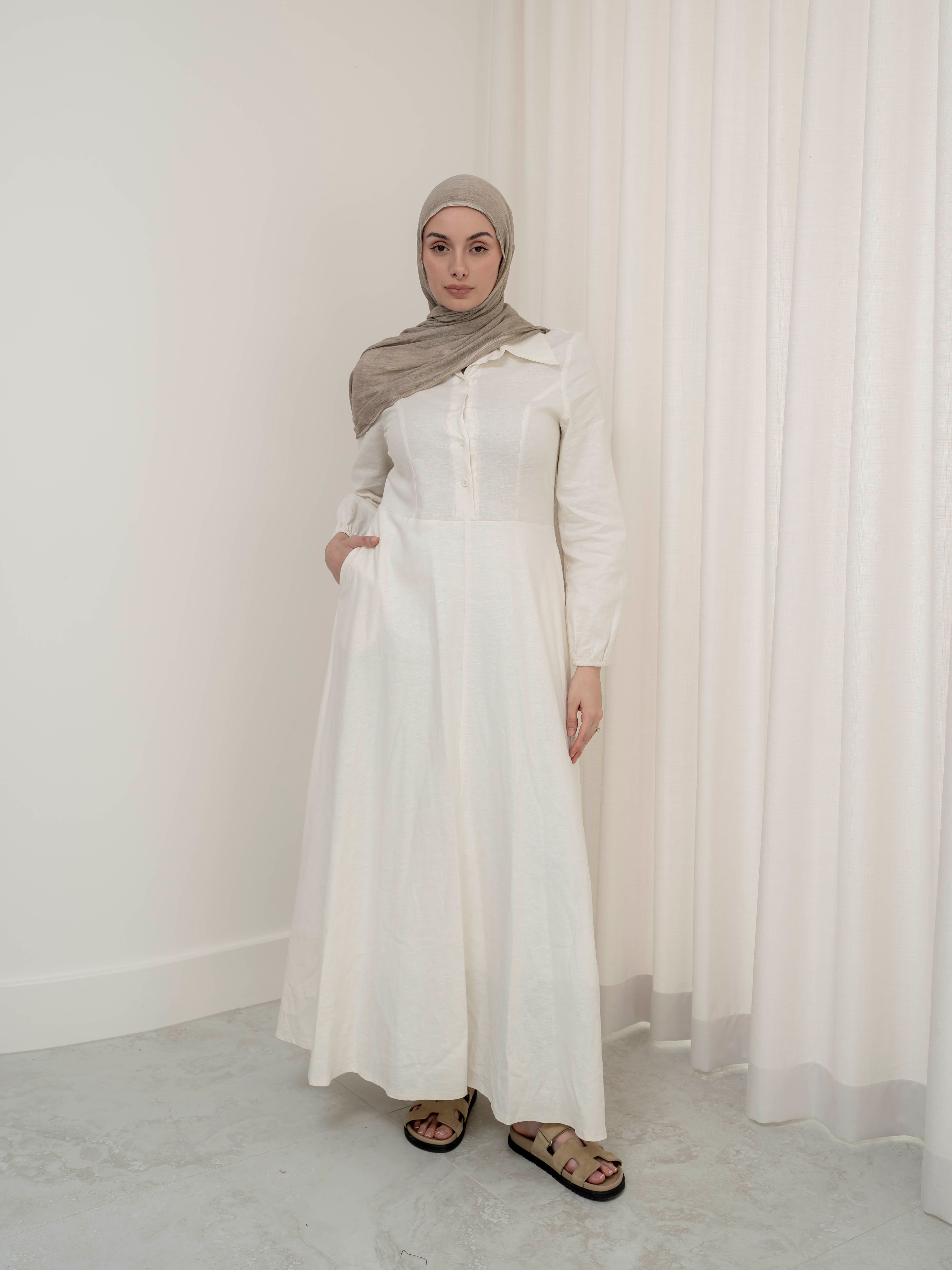 womens full length maxi linen dress in ivory for spring summer, modest, lightweight and long sleeve