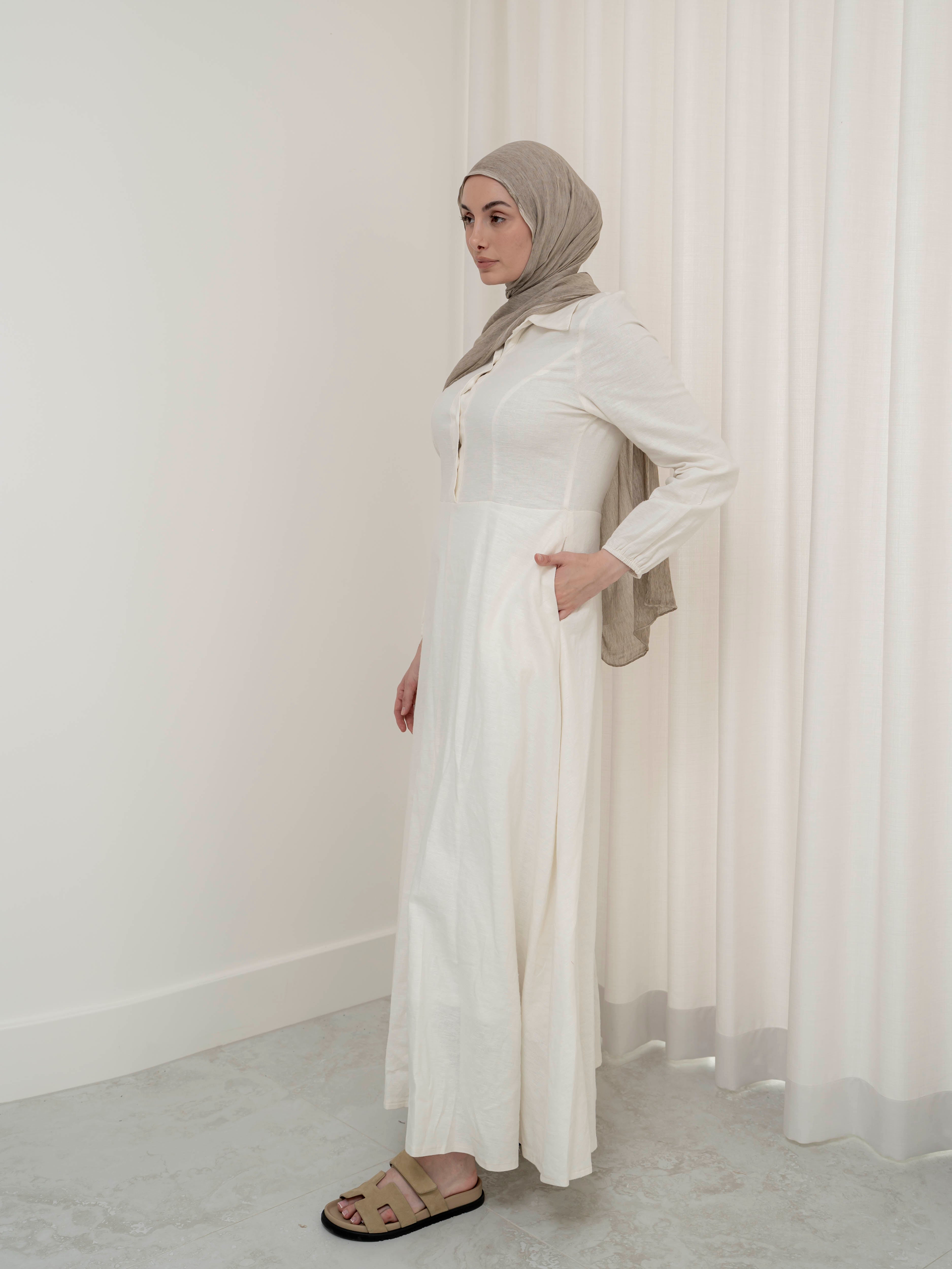 womens full length maxi linen dress in ivory for spring summer, modest, lightweight and long sleeve