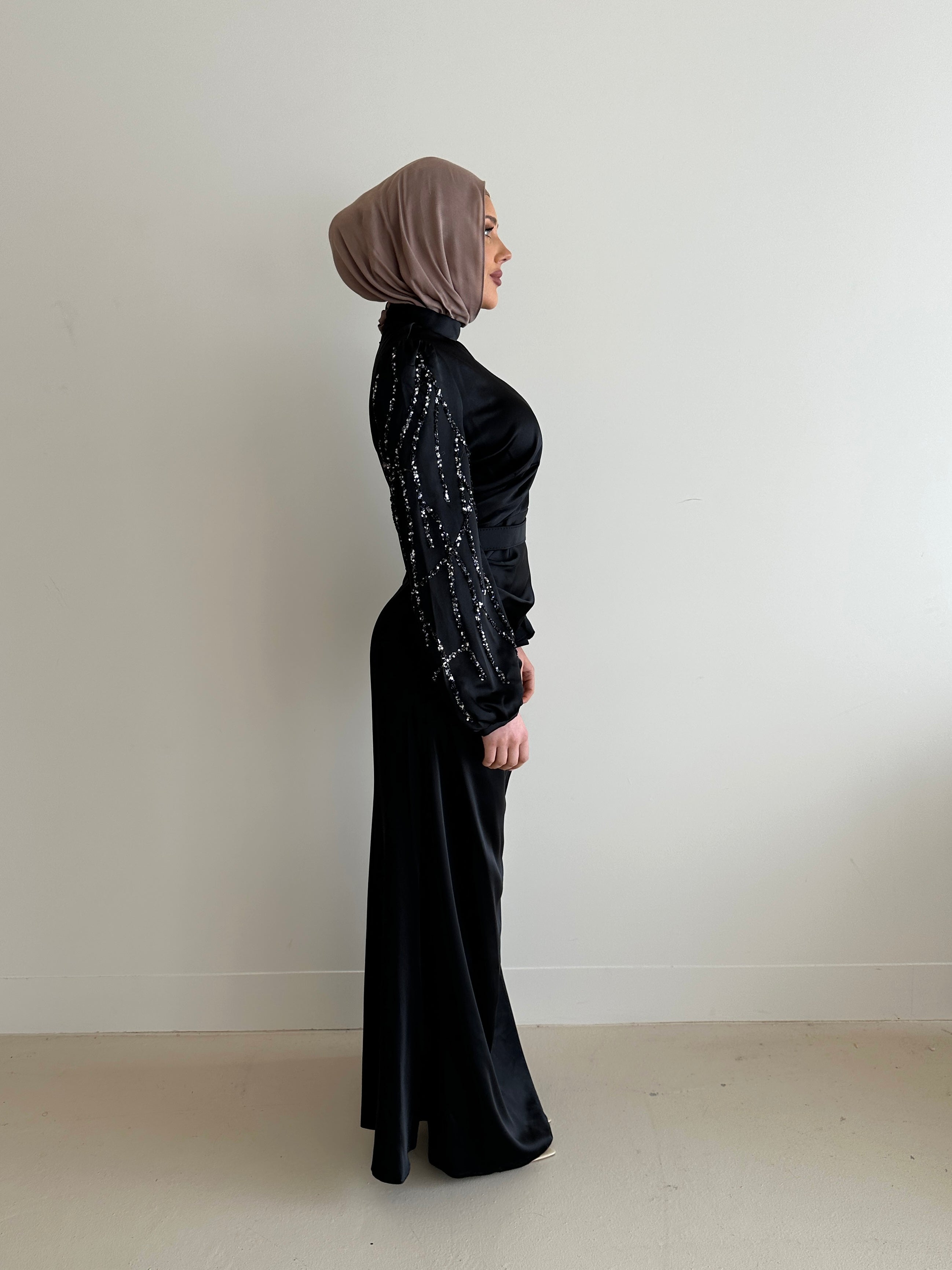 women's modest formal black dress with full length, maxi and long sleeves with sequins.