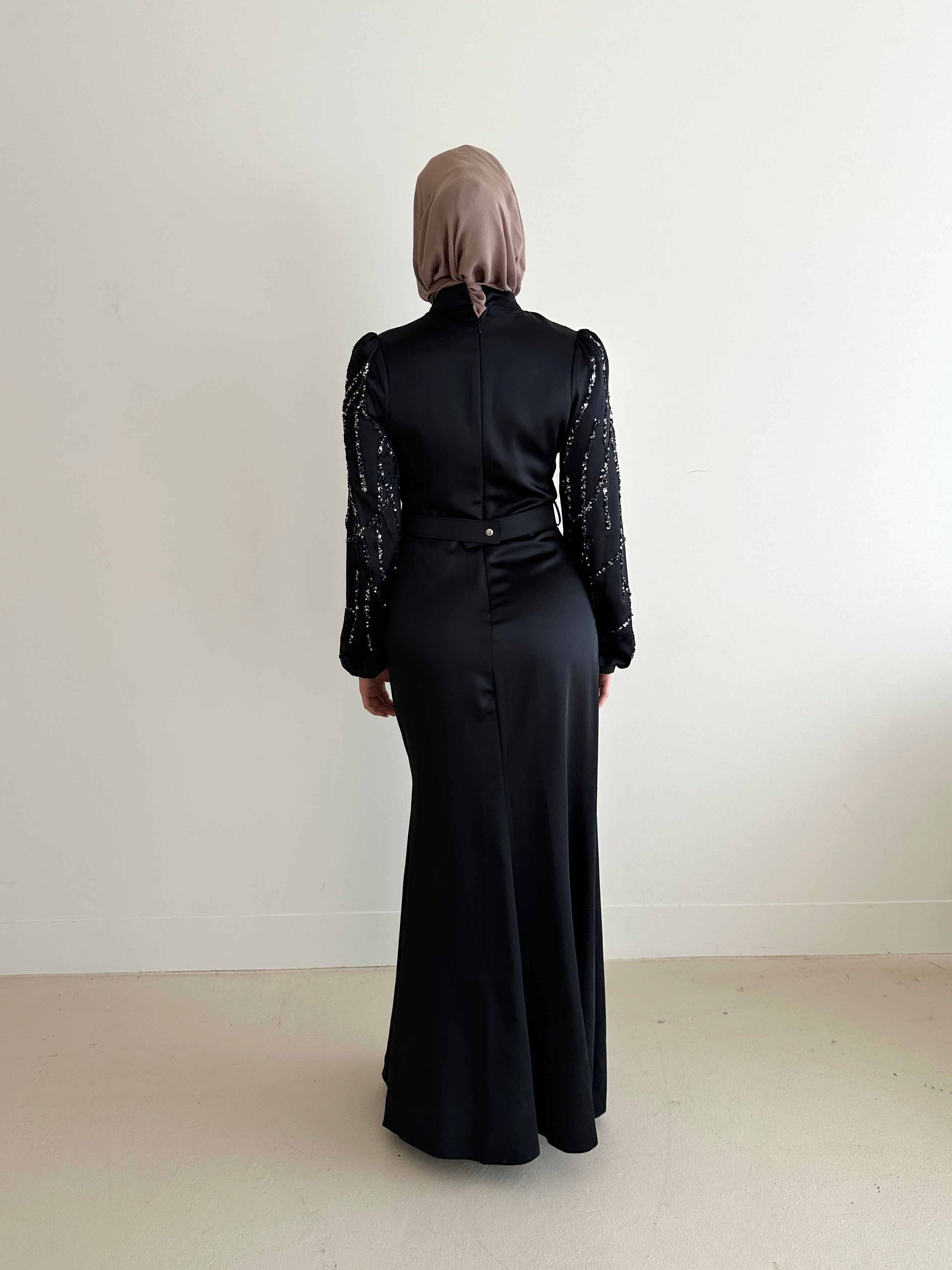 women's modest formal black dress with full length, maxi and long sleeves with sequins.