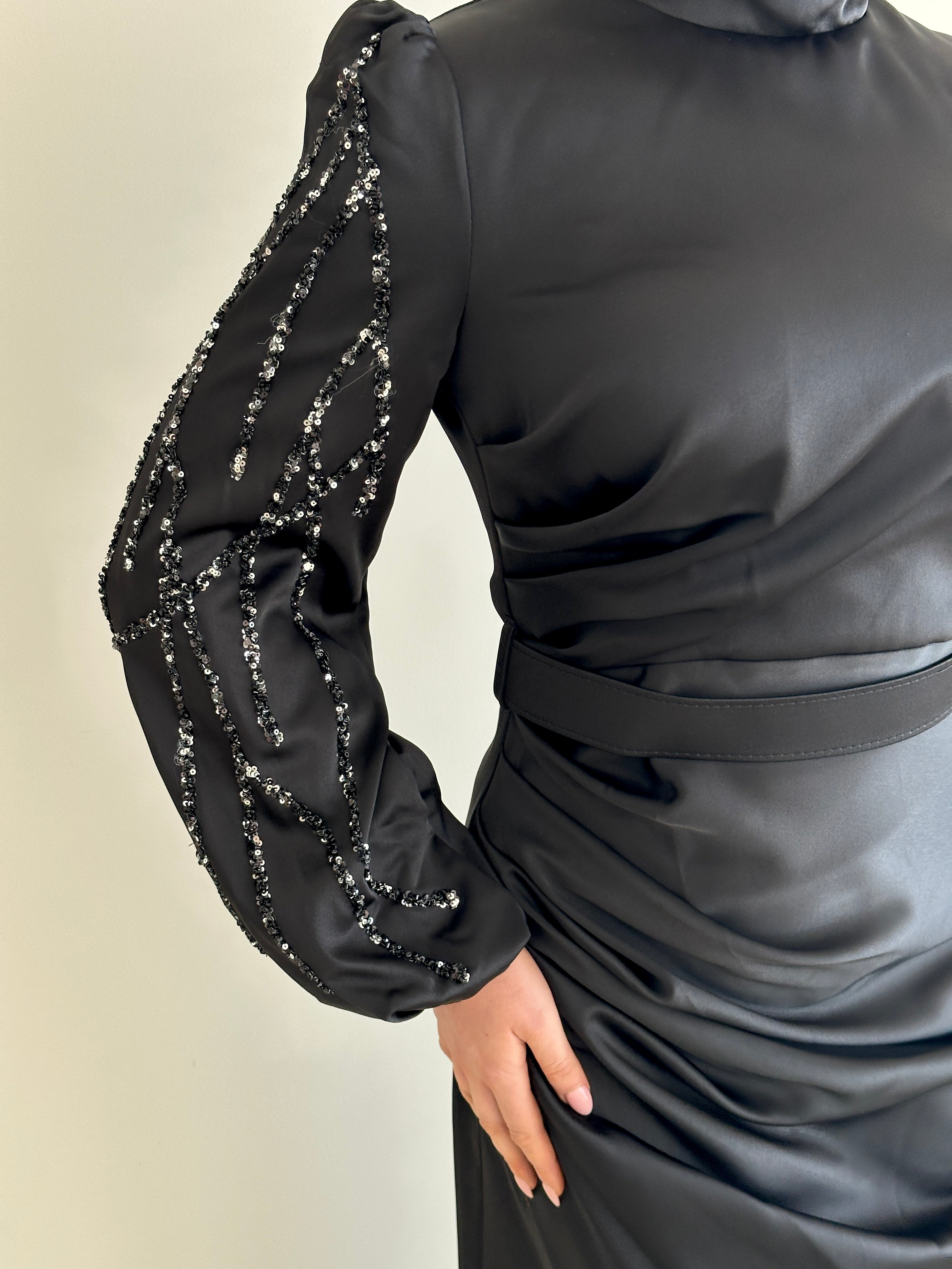 women's modest formal black dress with full length, maxi and long sleeves with sequins.