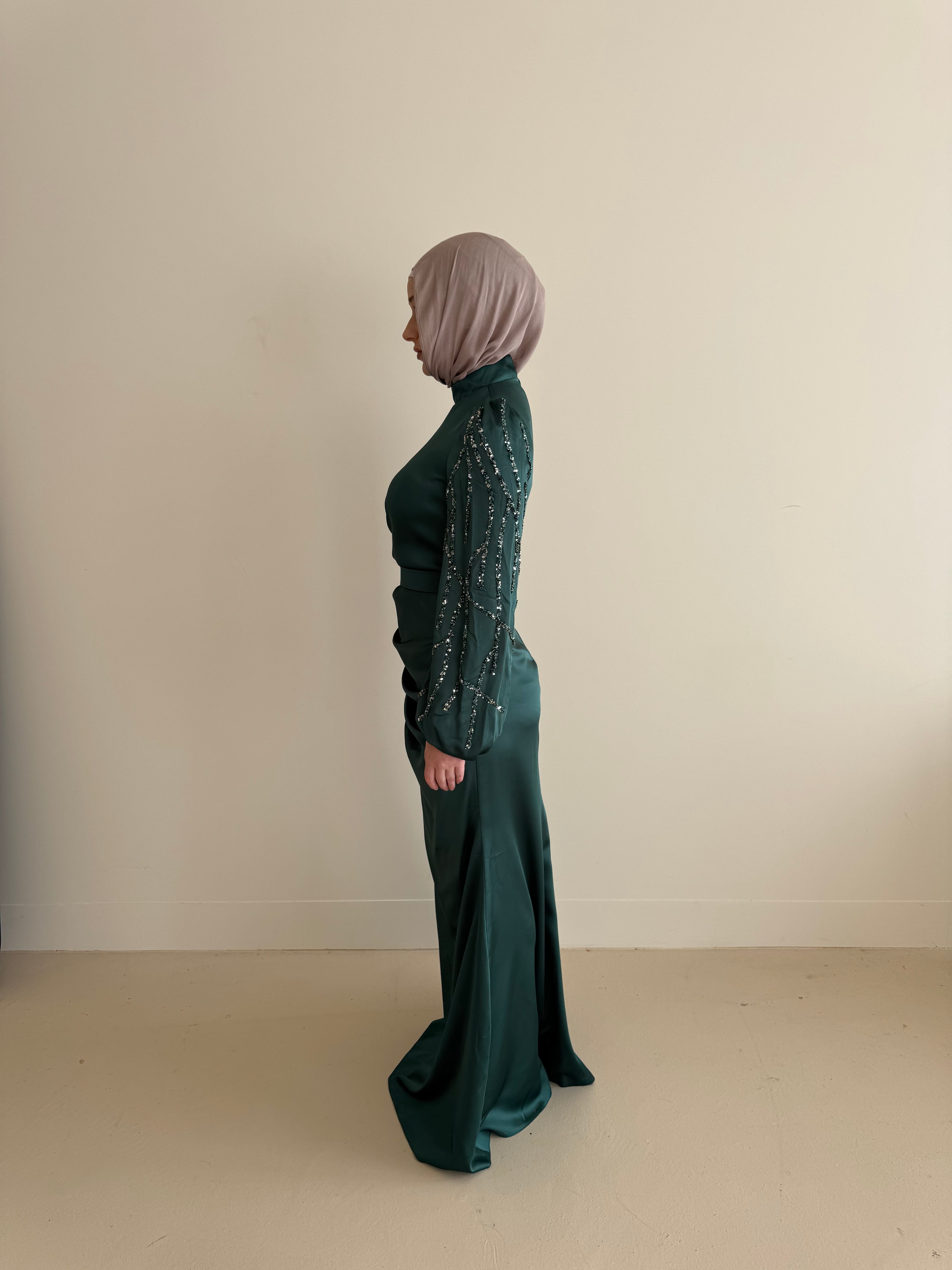 women's modest formal emerald dress with full length, maxi and long sleeves with sequins.
