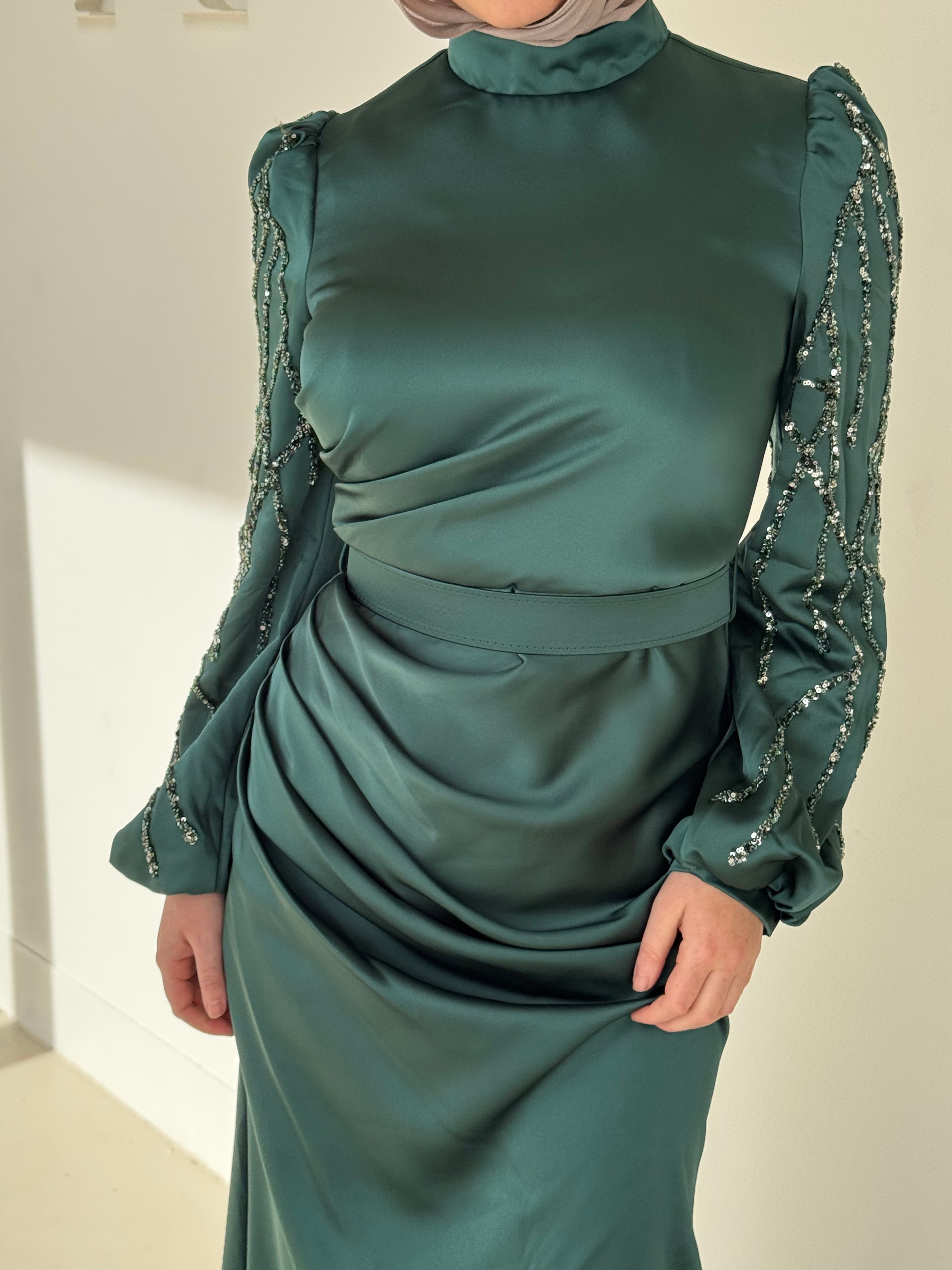 women's modest formal emerald dress with full length, maxi and long sleeves with sequins.