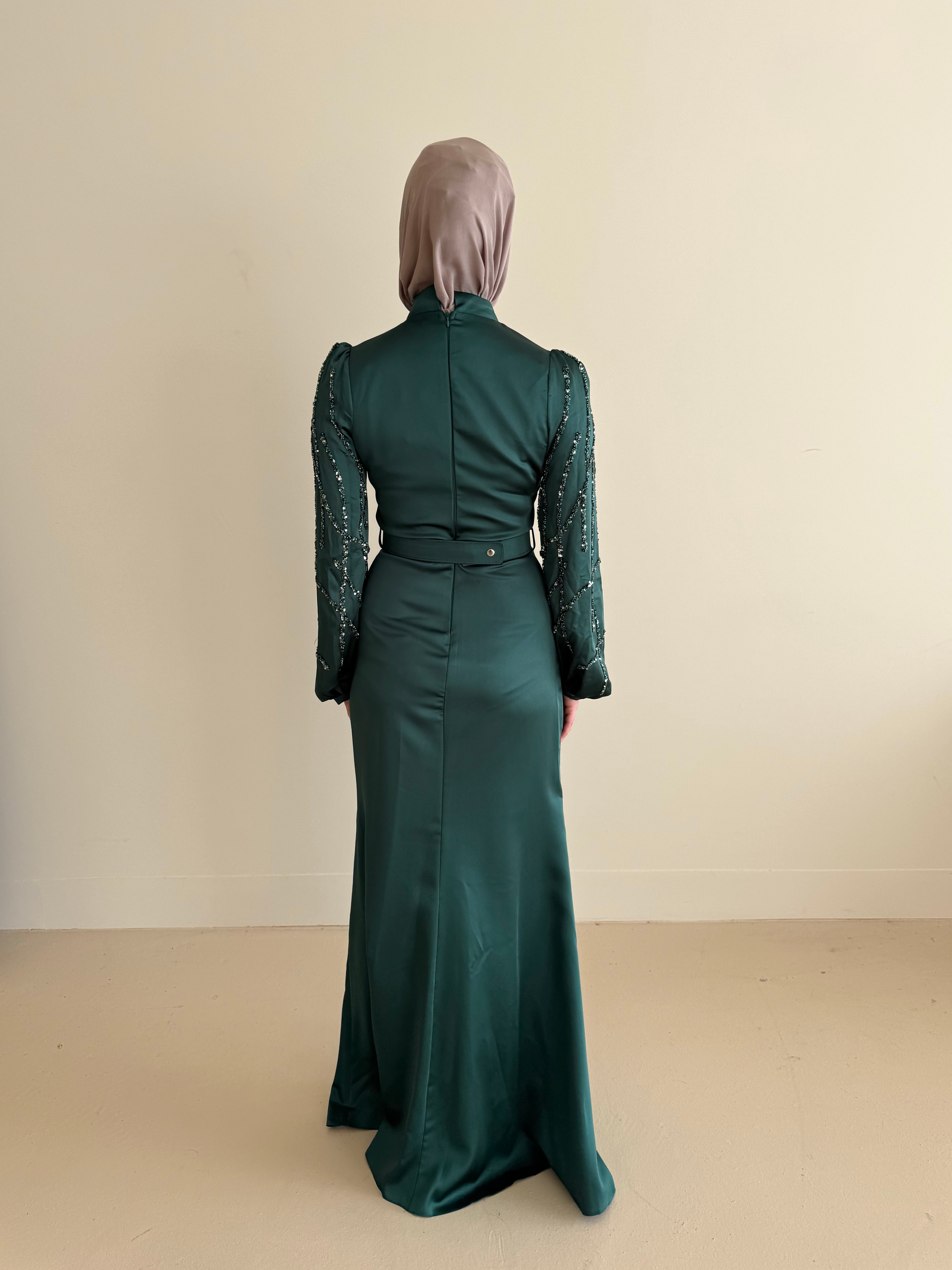 women's modest formal emerald dress with full length, maxi and long sleeves with sequins.