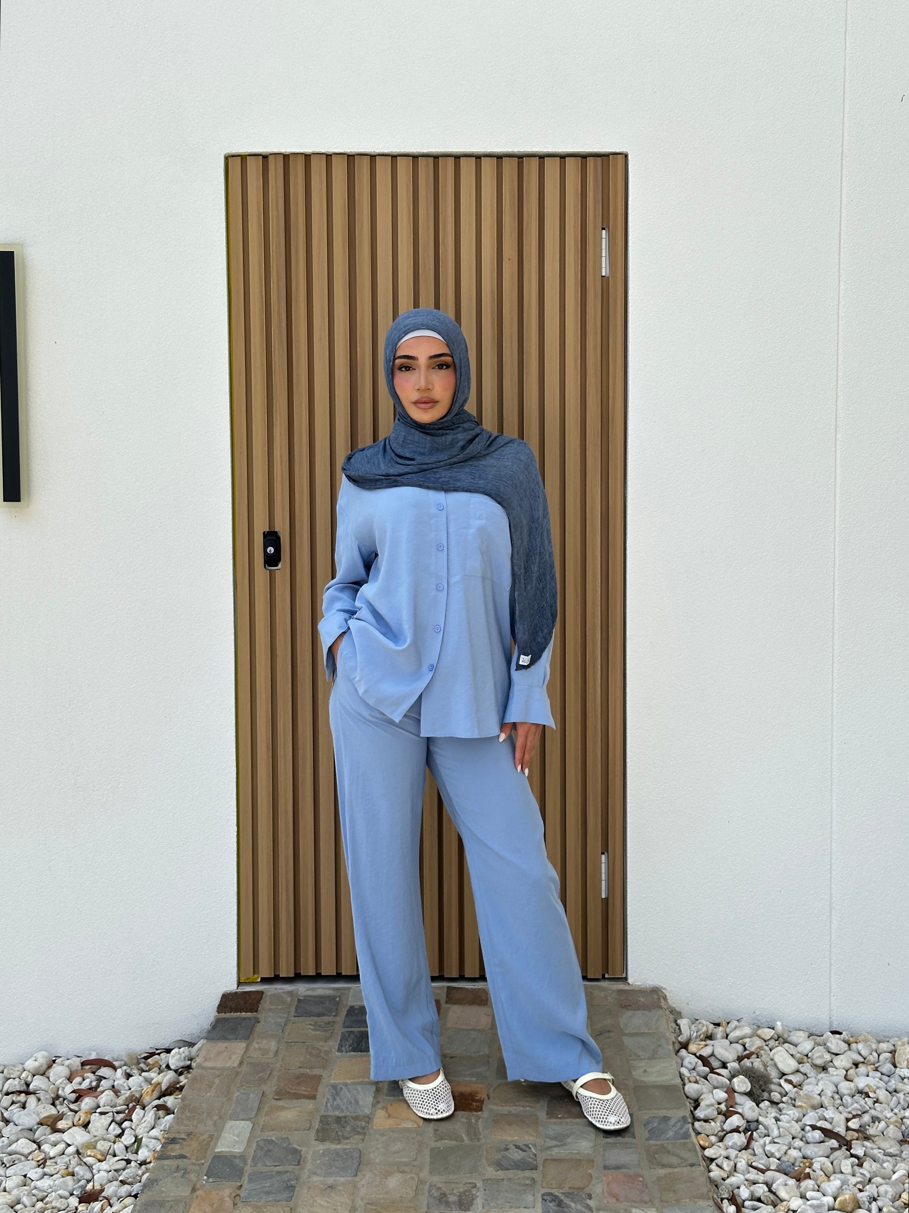 women's 2 piece summer set includes button top and comfortable wide pants. Lightweight, breathable and versatile. modest, hijab-friendly.