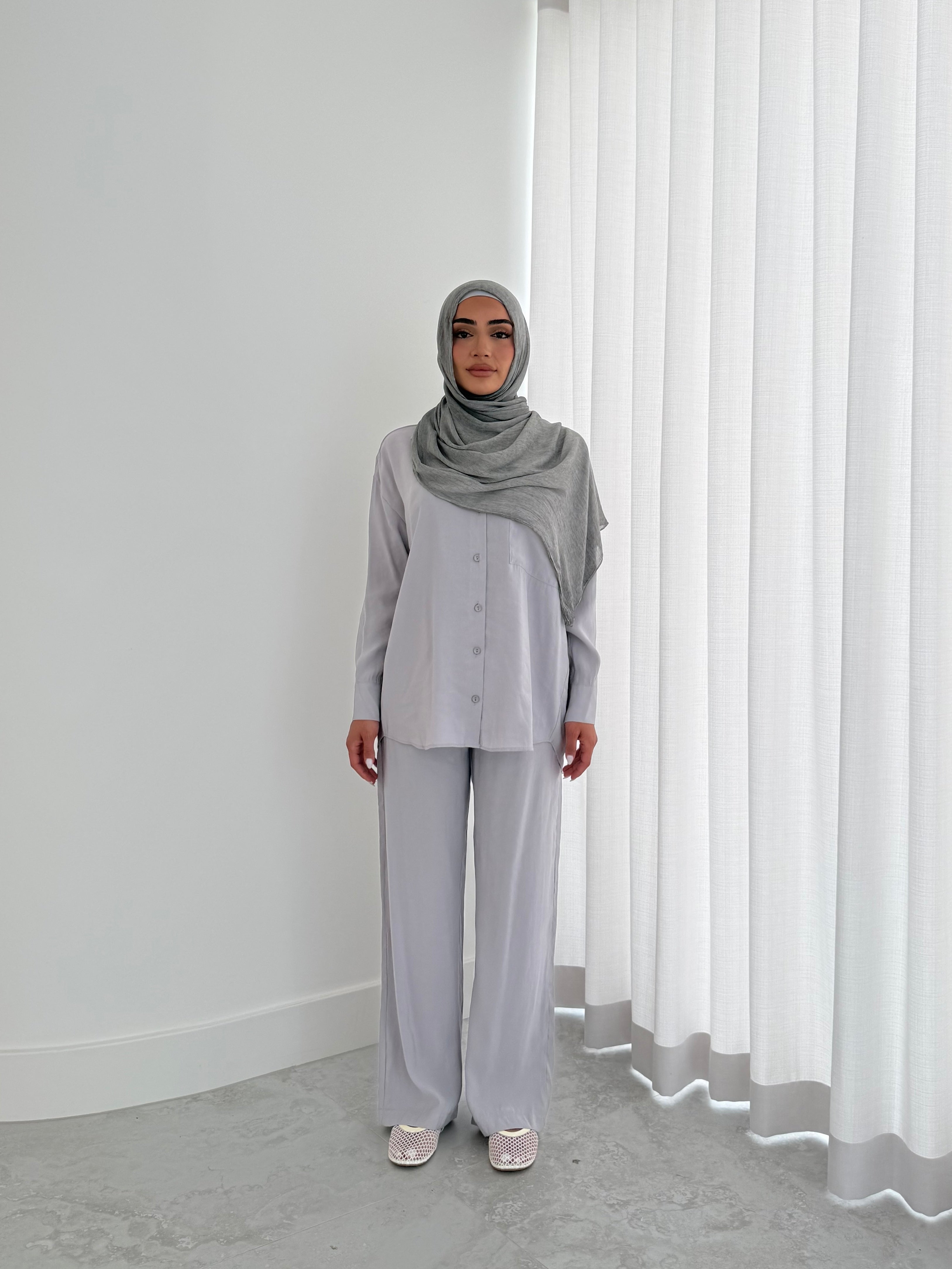 women's 2 piece summer set includes button top and comfortable wide pants. Lightweight, breathable and versatile. modest, hijab-friendly.