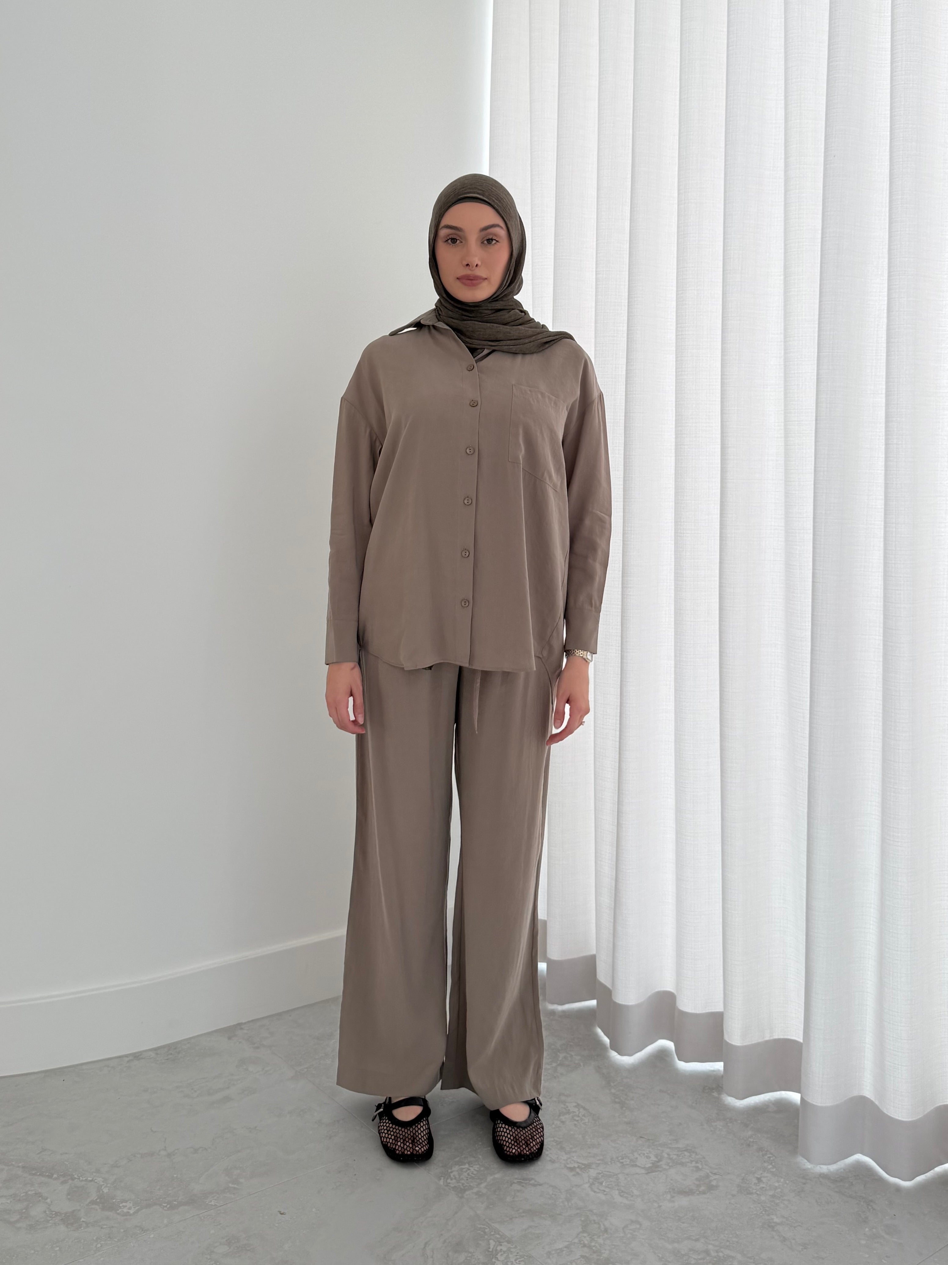 women's 2 piece summer set includes button top and comfortable wide pants. Lightweight, breathable and versatile. modest, hijab-friendly.
