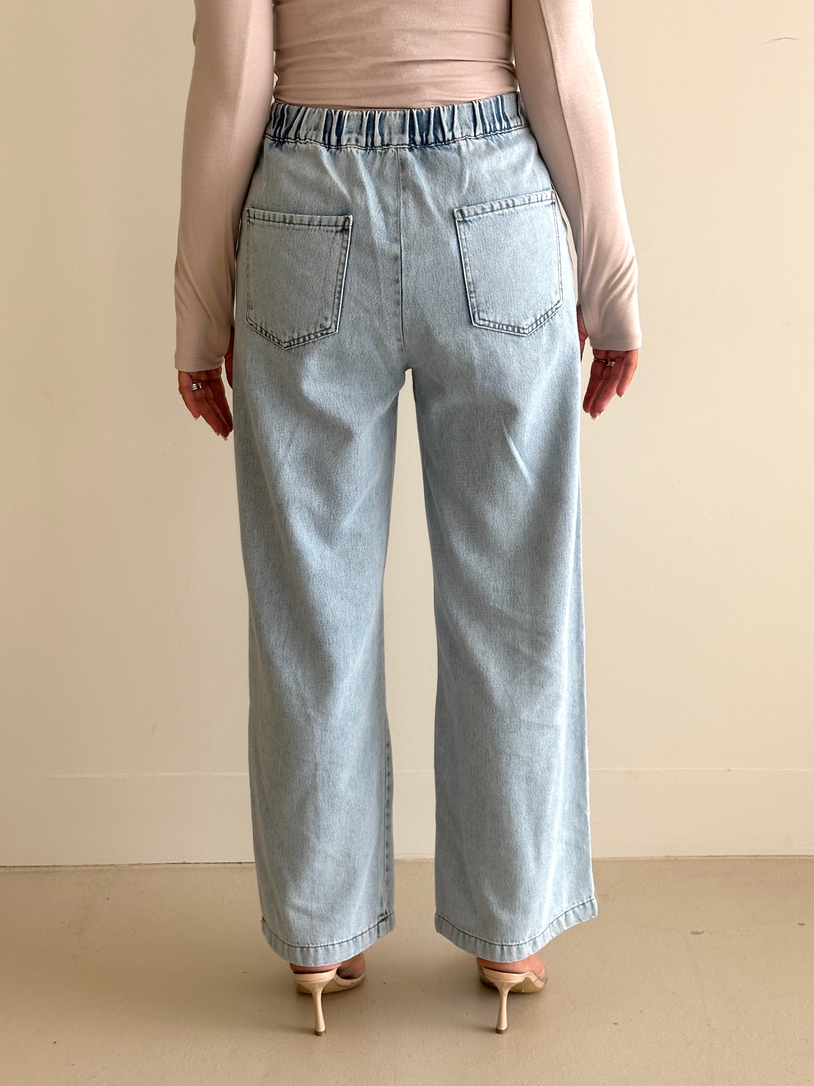 Back view of straight-flow denim pants in mid blue, showing a high-rise waist and relaxed wide-leg design.