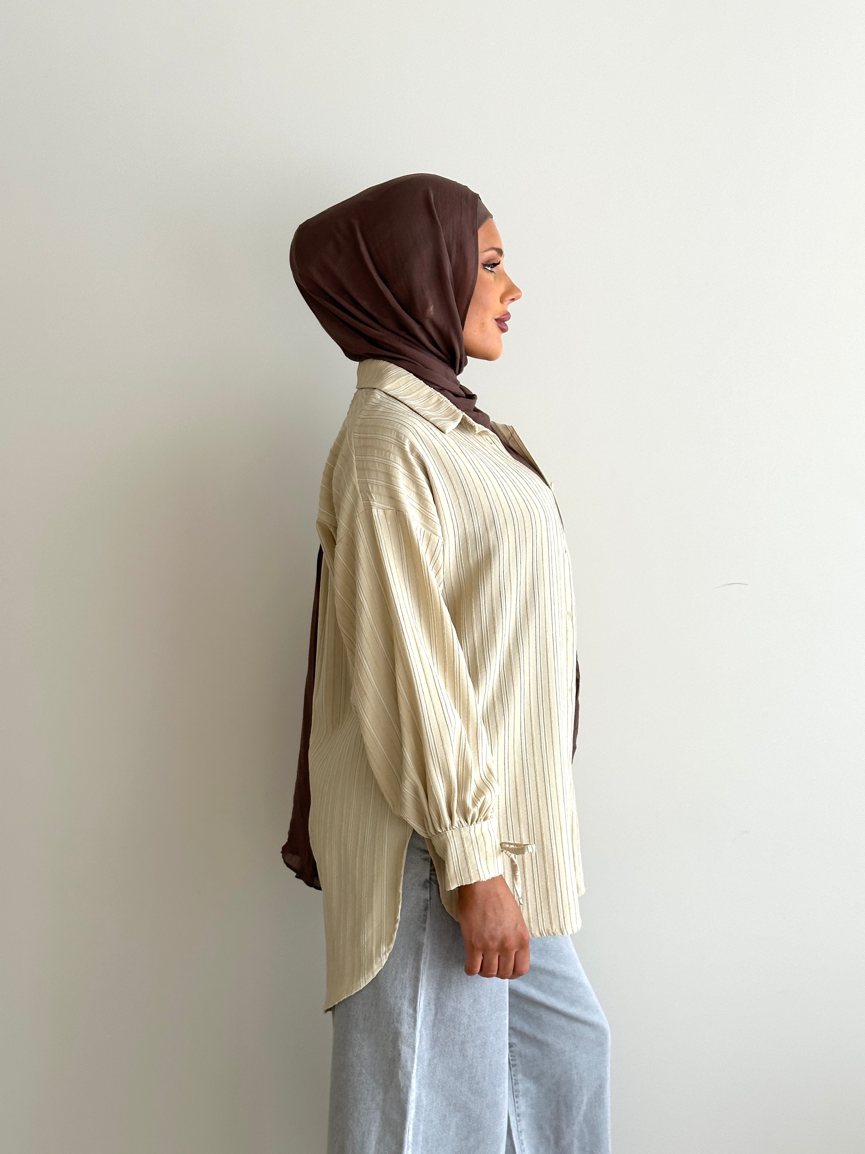 women's long button shirt in pastel yellow for spring/summer , modest, lightweight