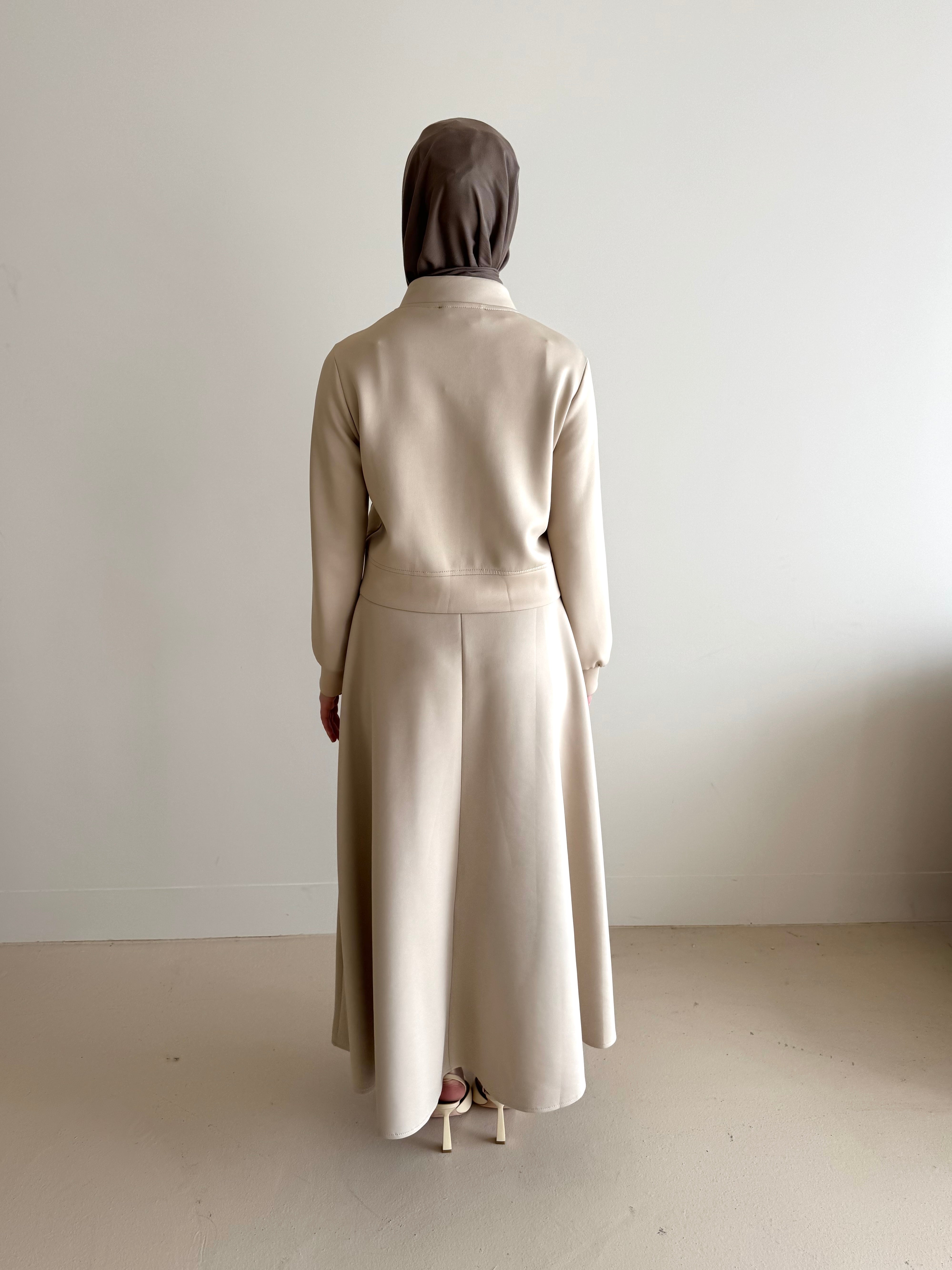 modest co-ord set jacket and skirt in beige