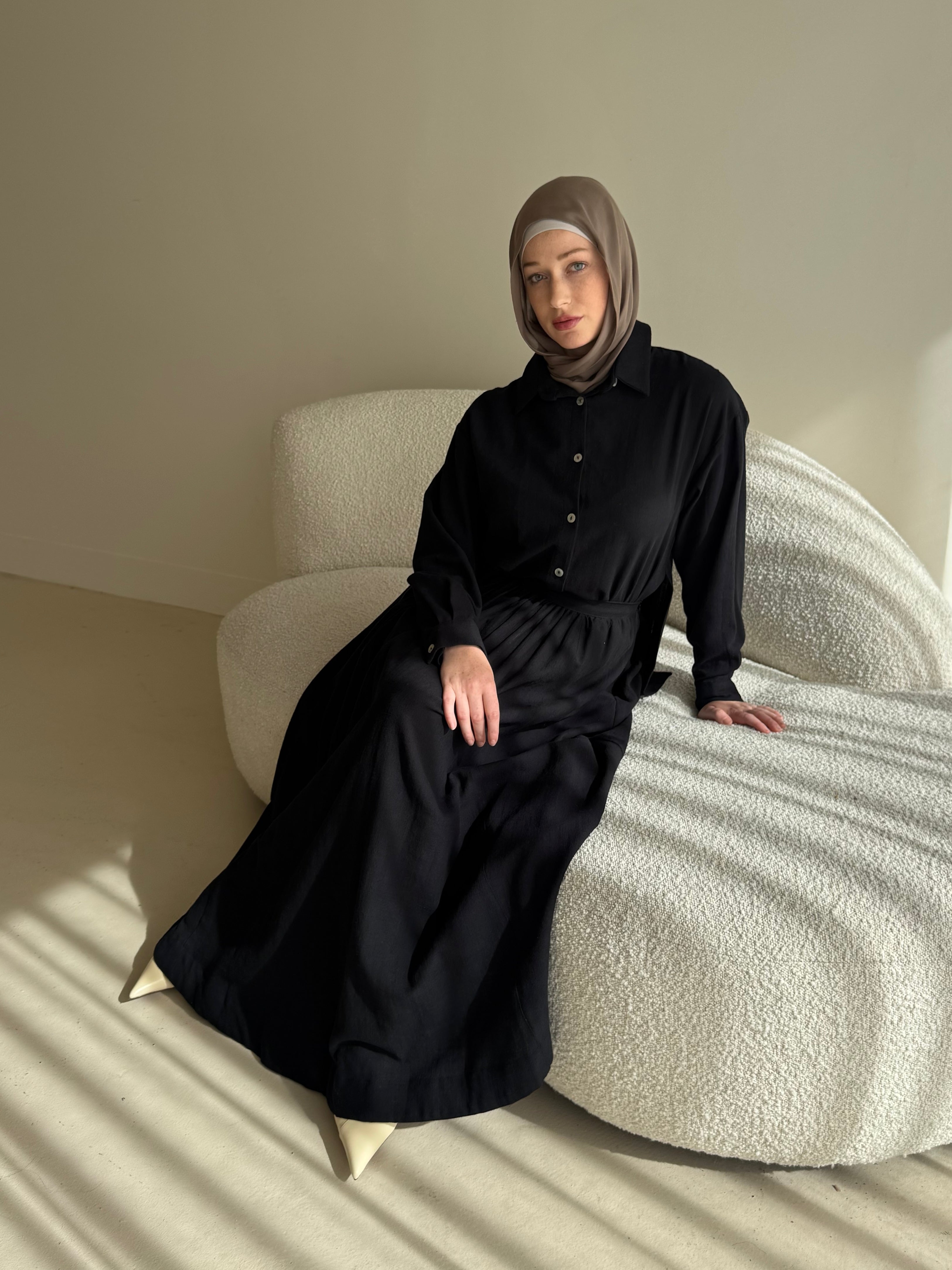 linen blend, modest top and skirt co-ord set, spring/summer in black with hijab, comfortable