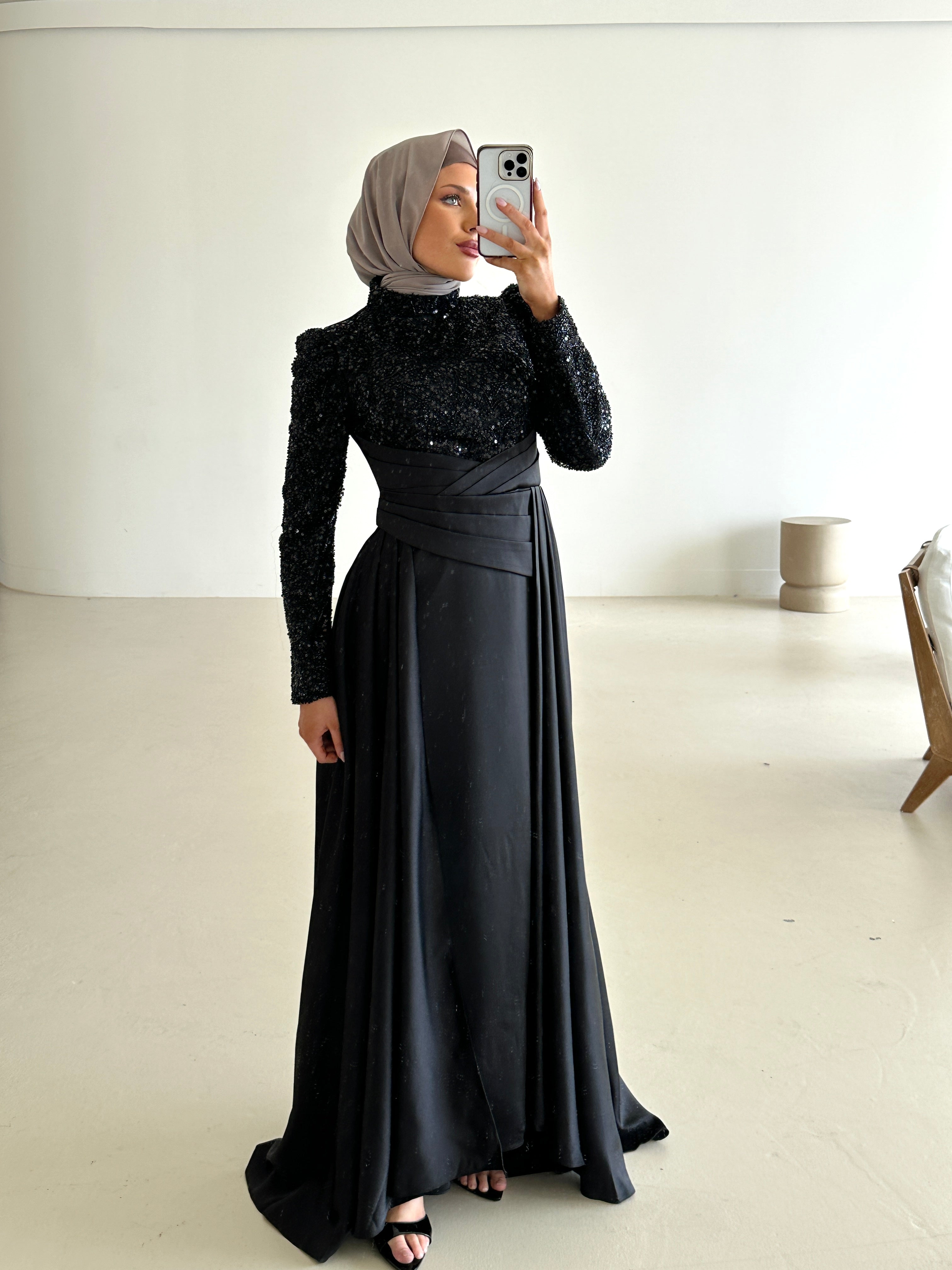 women's modest formal dress black with sequins and satin for any event