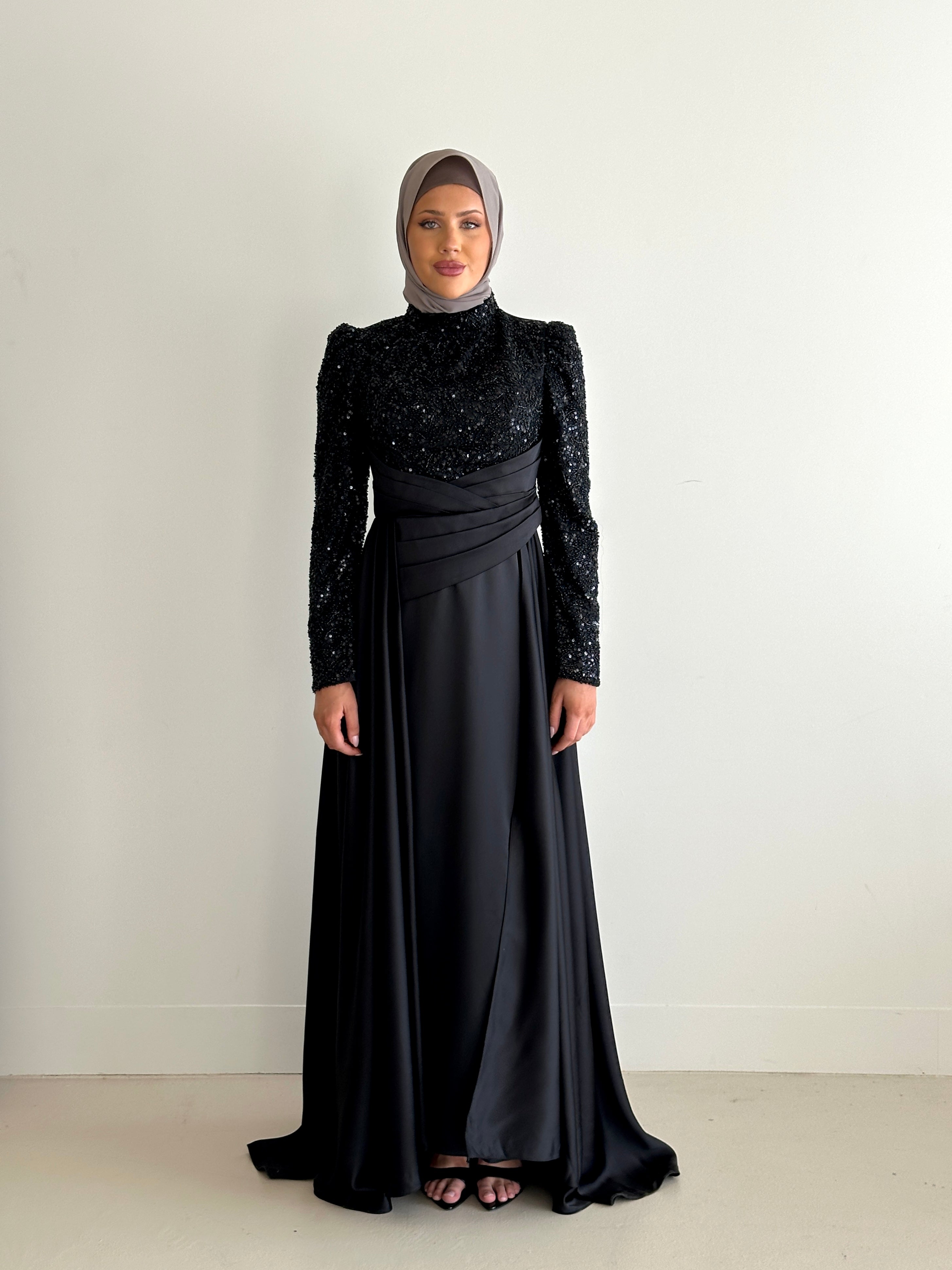 women's modest formal evening dress black with sequins and satin for any event